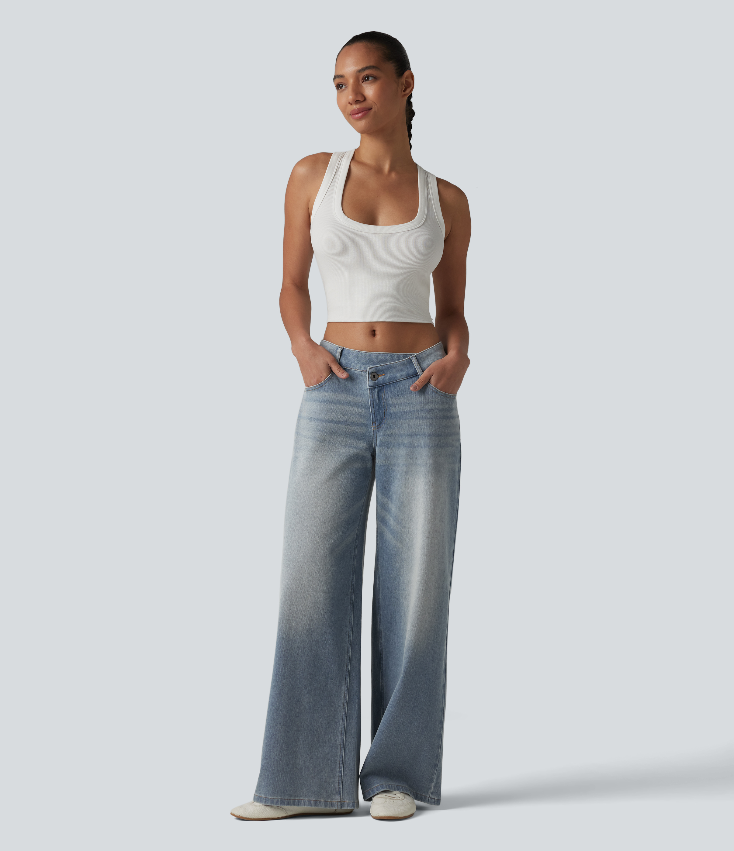 Blue Flower Denim Asymmetric Low-Rise Wide-Leg Stretch Denim Jeans with Pockets - 6