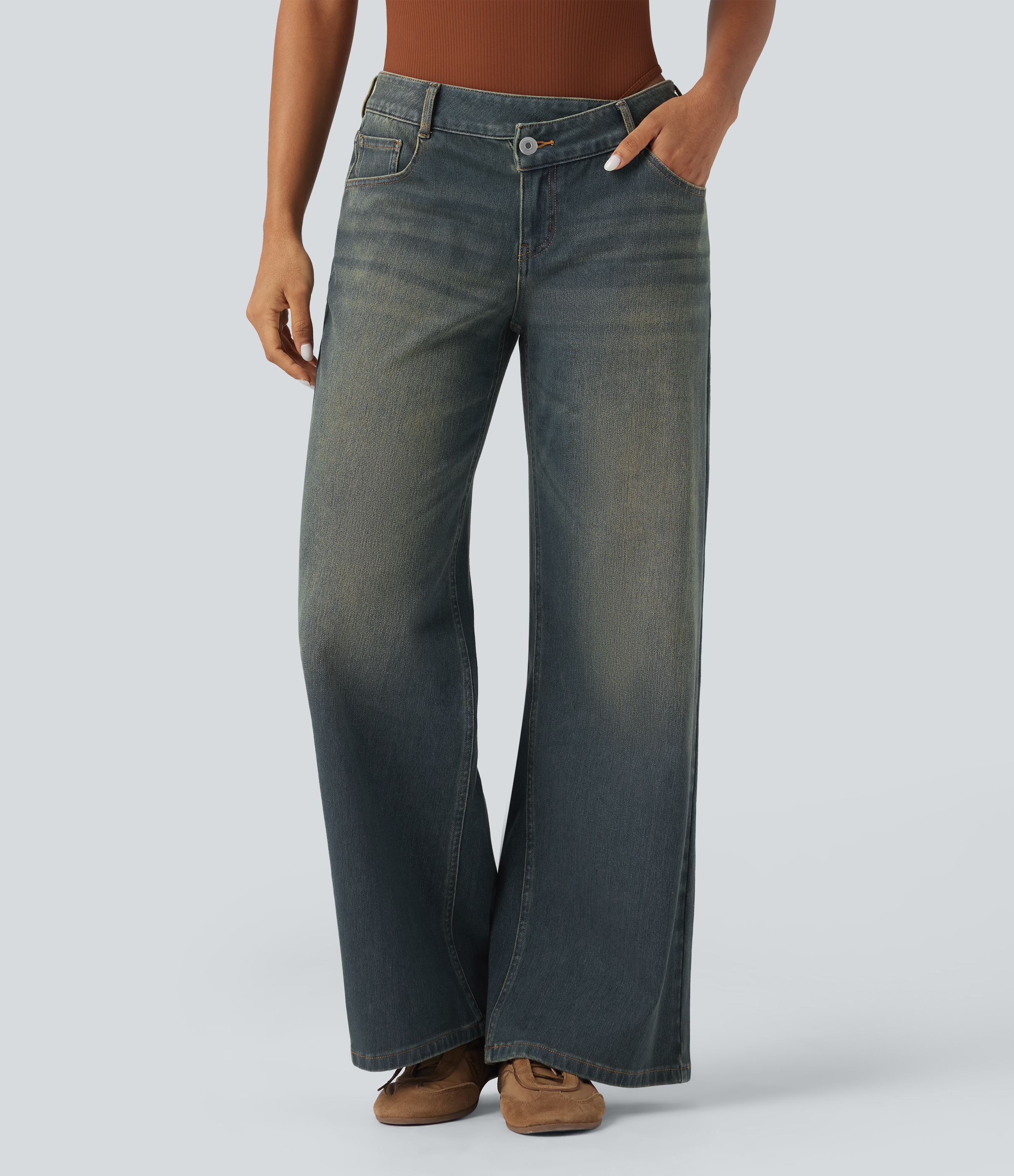 Mottled Dark Blue Denim Asymmetric Low-Rise Wide-Leg Stretch Denim Jeans with Pockets - 1