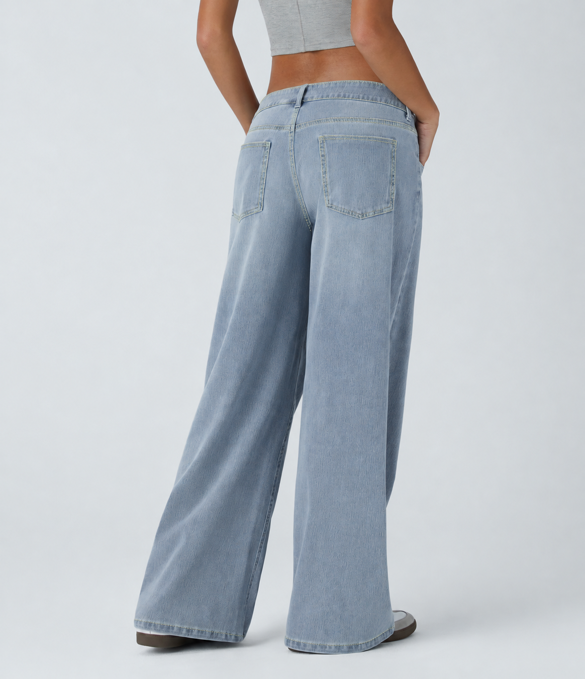 Light Azure Denim Asymmetric Low-Rise Wide-Leg Stretch Denim Jeans with Pockets - 2