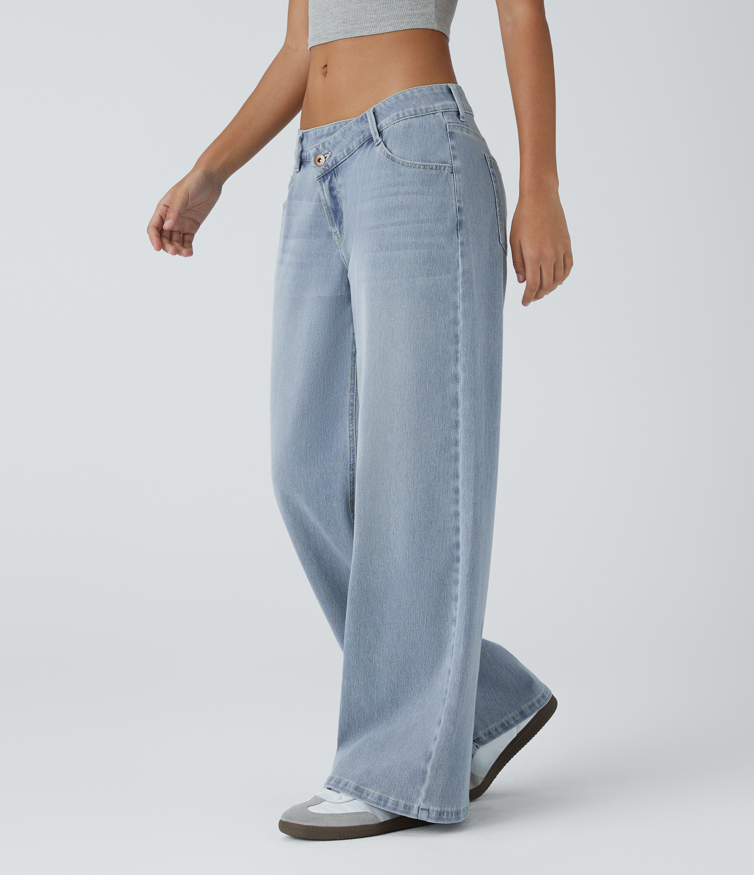Light Azure Denim Asymmetric Low-Rise Wide-Leg Stretch Denim Jeans with Pockets - 3