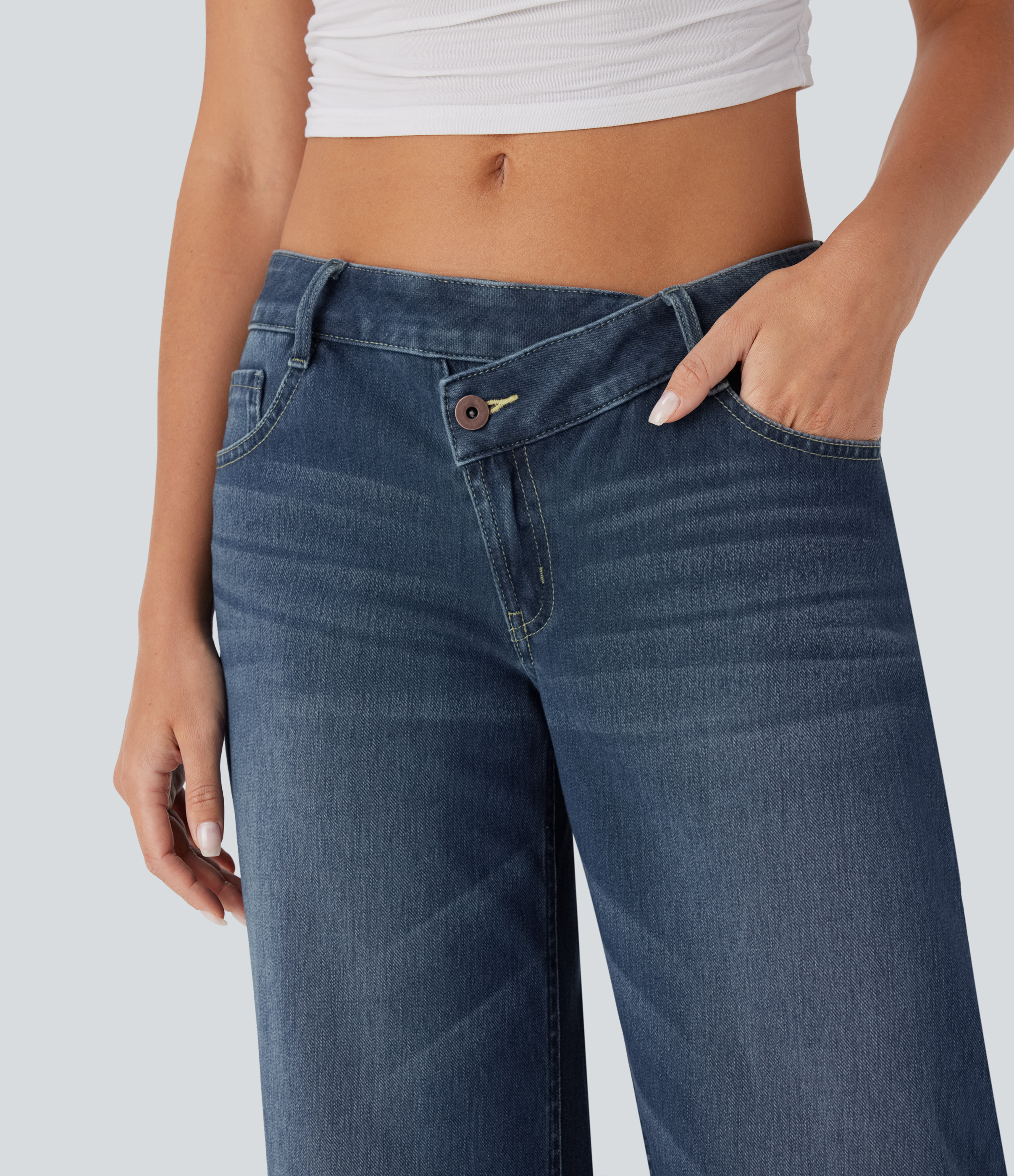 Estate Blue Denim Asymmetric Low-Rise Wide-Leg Stretch Denim Jeans with Pockets - 5