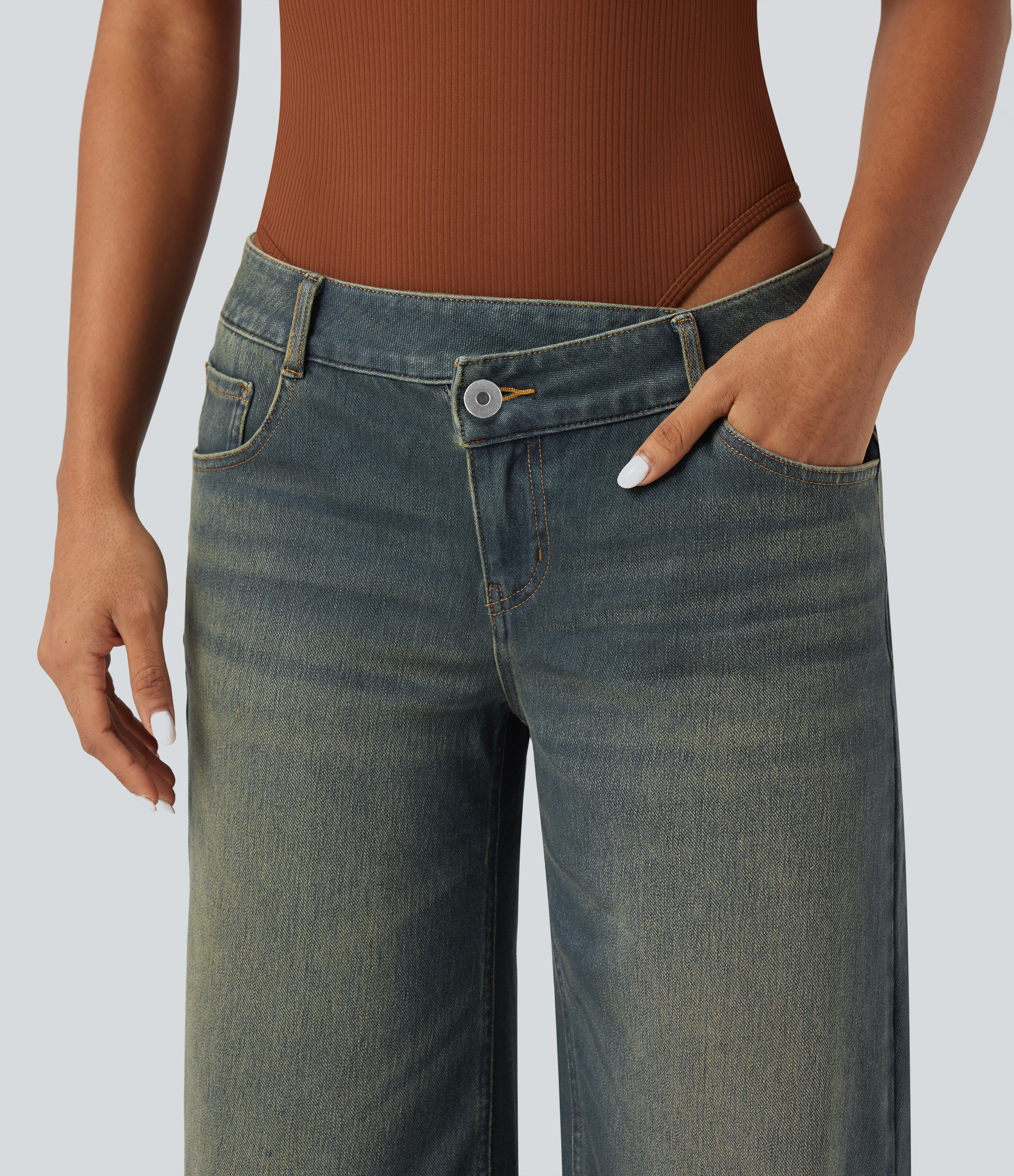 Mottled Dark Blue Denim Asymmetric Low-Rise Wide-Leg Stretch Denim Jeans with Pockets - 4