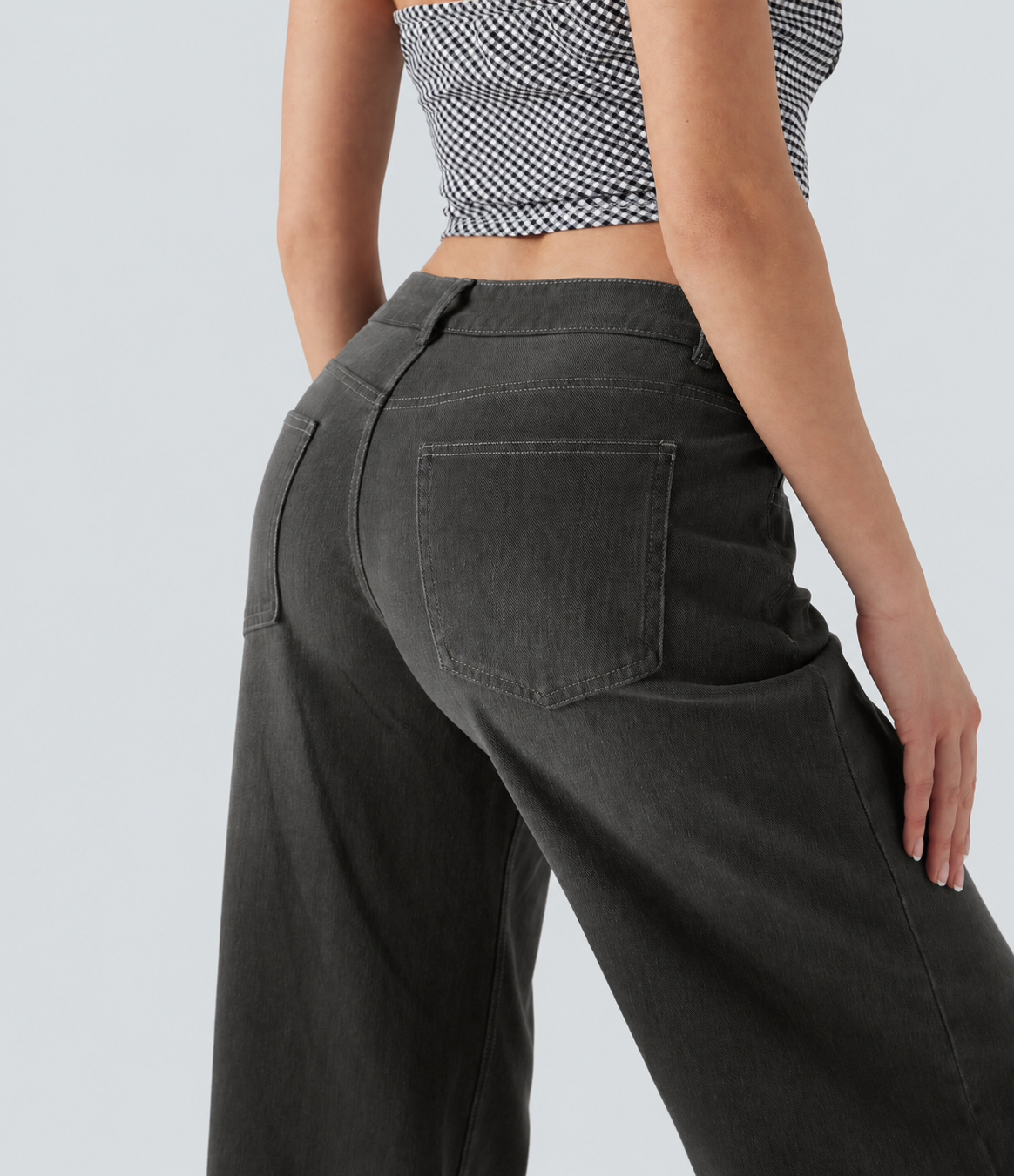 Cool Gray Denim Asymmetric Low-Rise Wide-Leg Stretch Denim Jeans with Pockets - 4