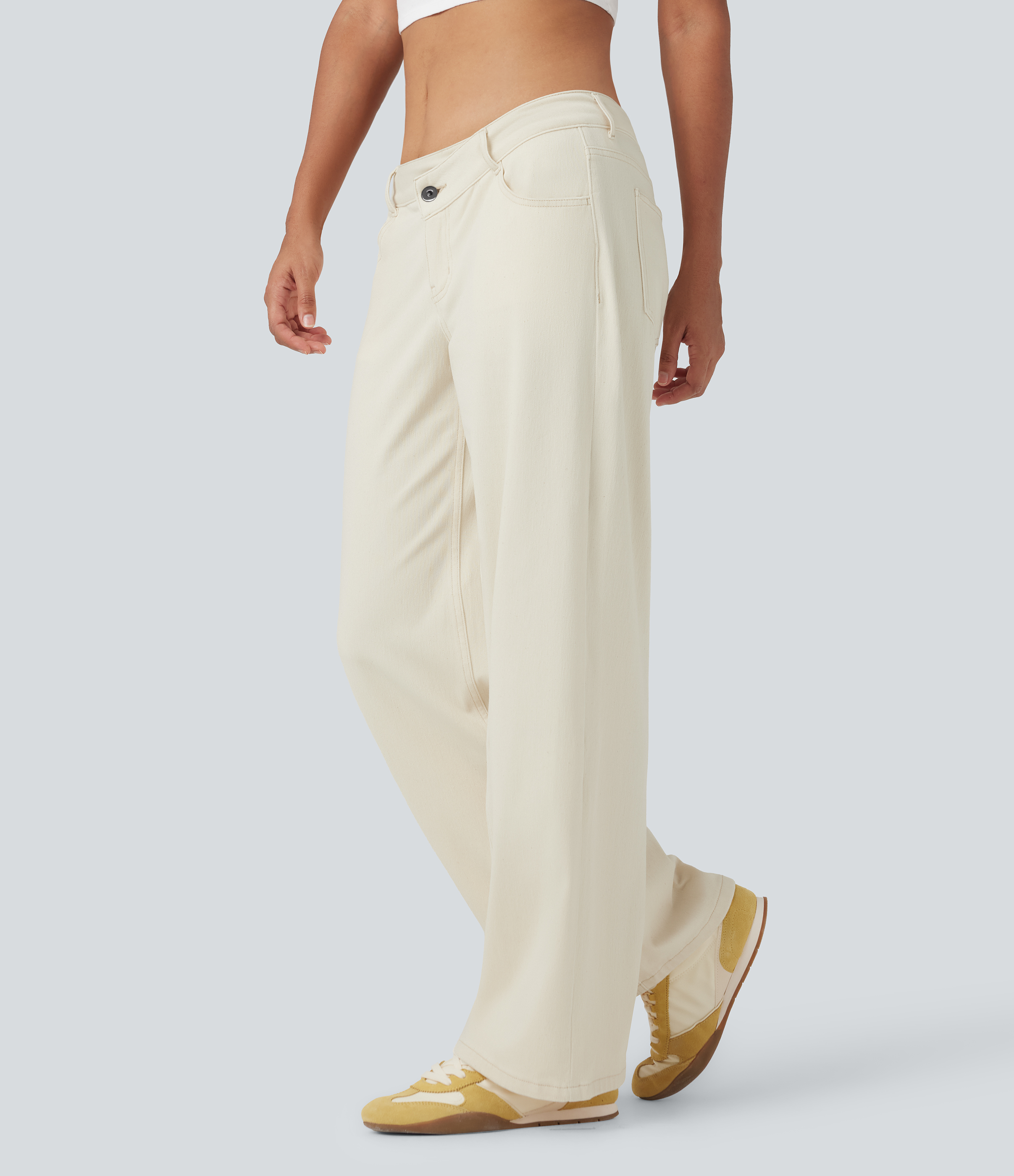 Light Khaki Denim Asymmetric Low-Rise Wide-Leg Stretch Denim Jeans with Pockets - 3