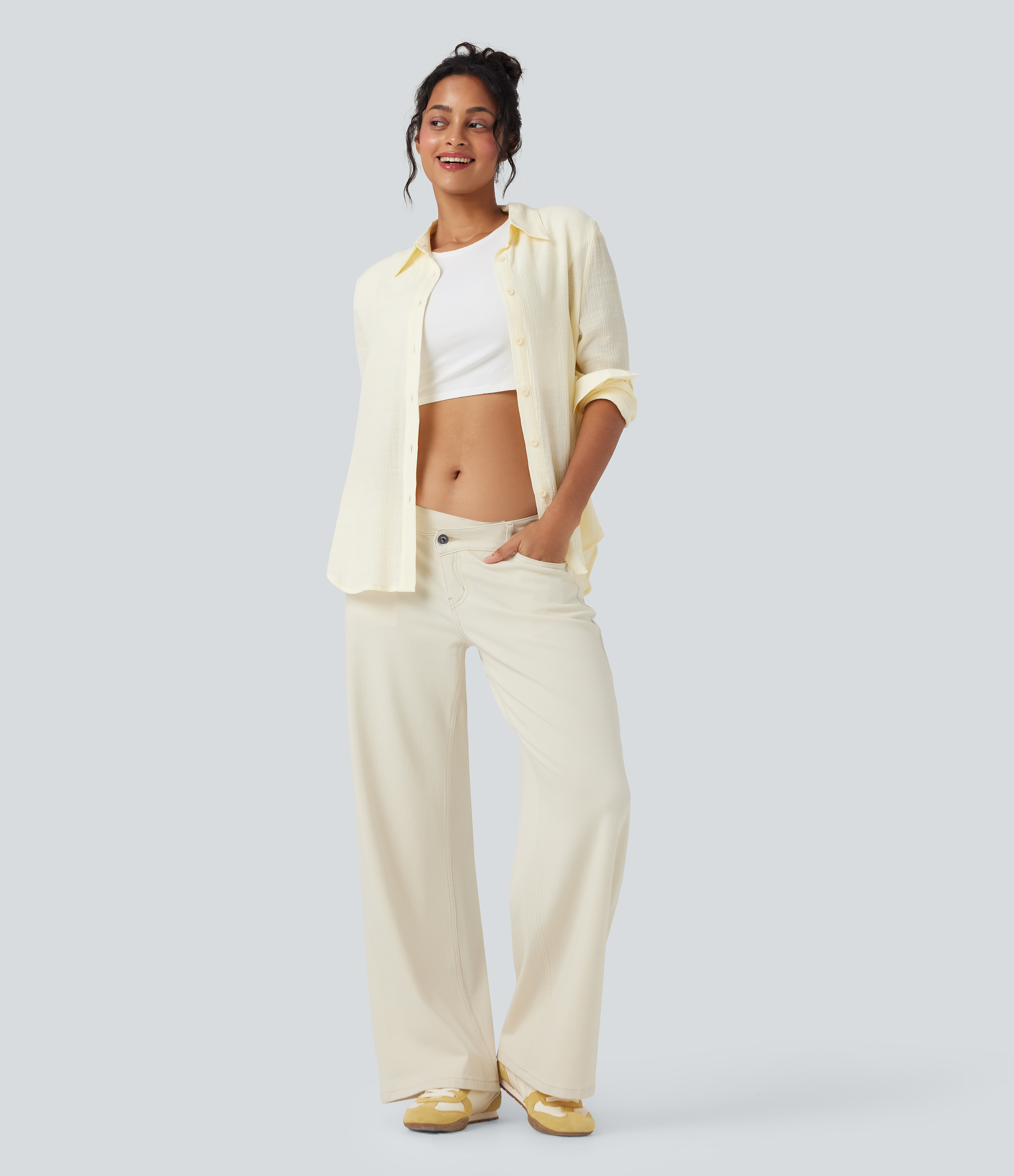 Light Khaki Denim Asymmetric Low-Rise Wide-Leg Stretch Denim Jeans with Pockets - 6