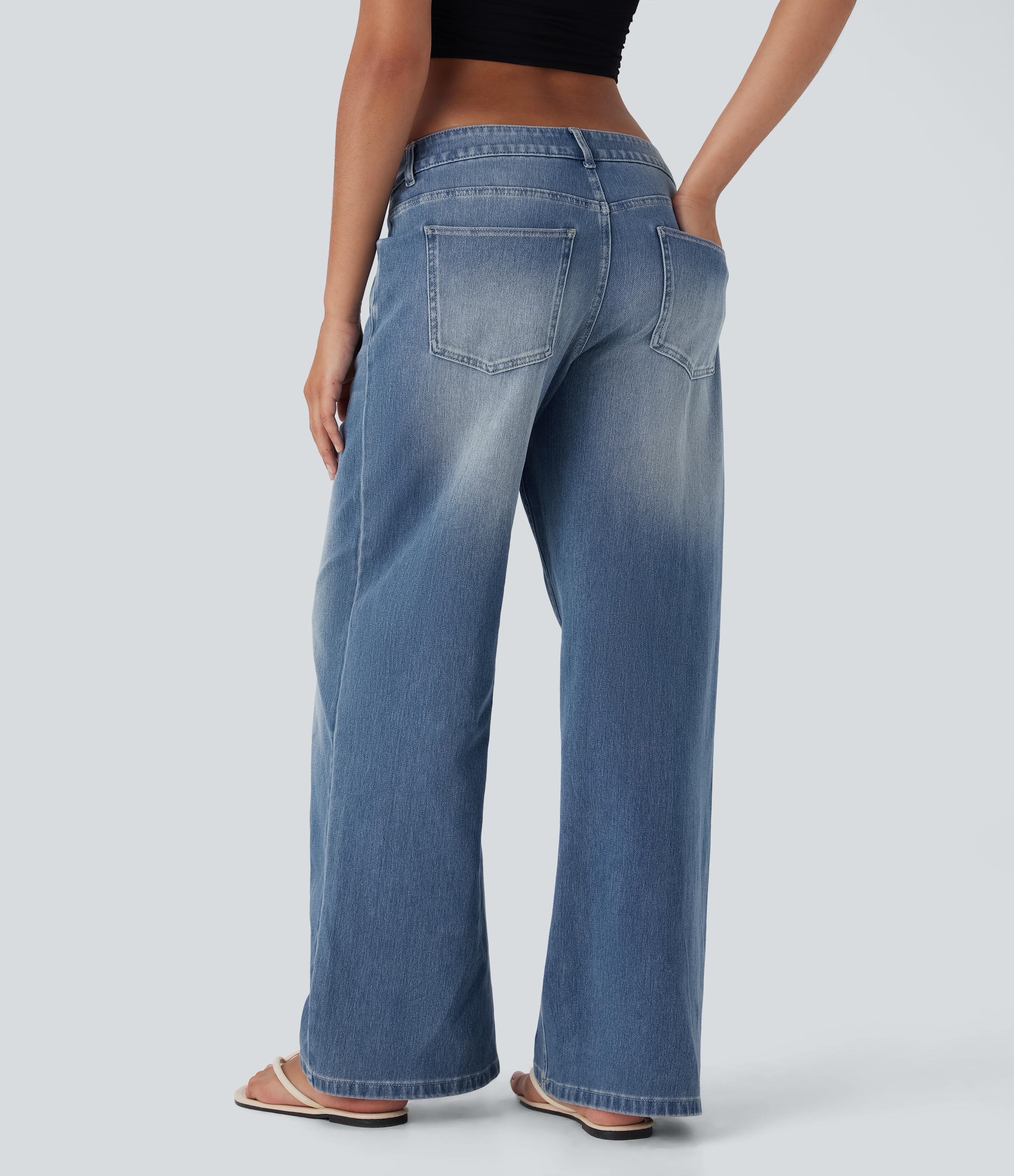 Blue Surf Denim Asymmetric Low-Rise Wide-Leg Stretch Denim Jeans with Pockets - 2