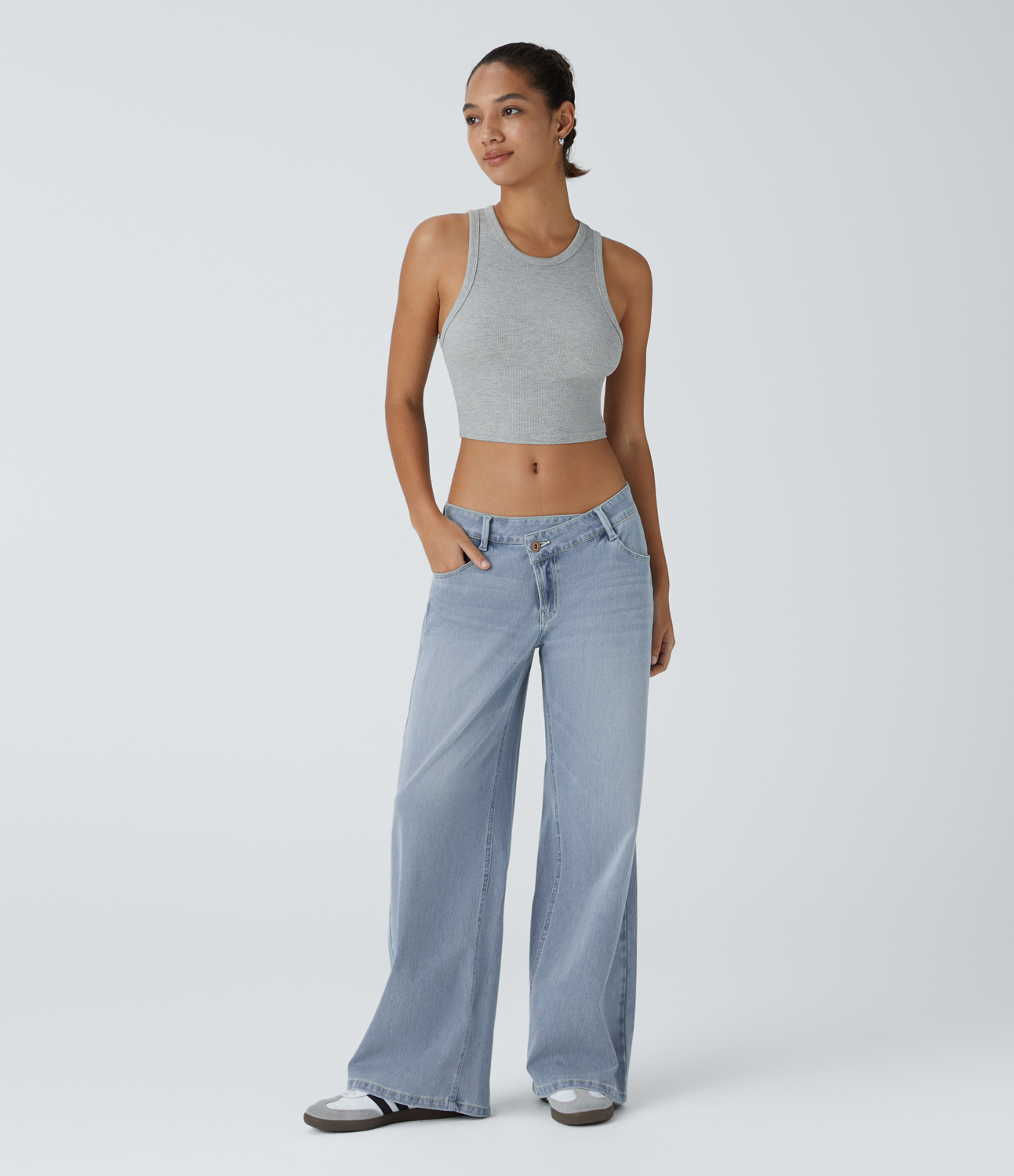 Light Azure Denim Asymmetric Low-Rise Wide-Leg Stretch Denim Jeans with Pockets - 7