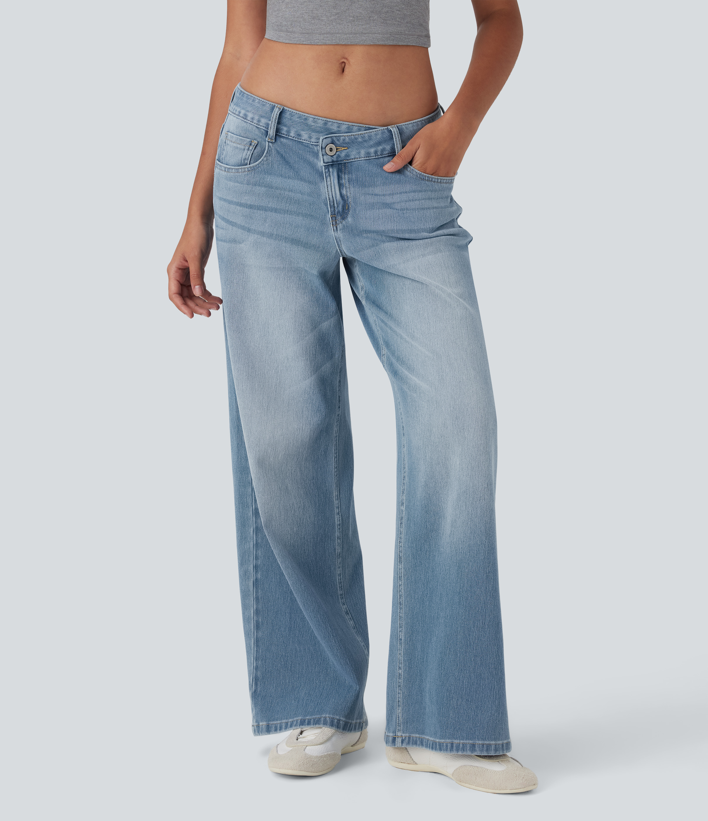 Malibu Blue Denim Asymmetric Low-Rise Wide-Leg Stretch Denim Jeans with Pockets - 1
