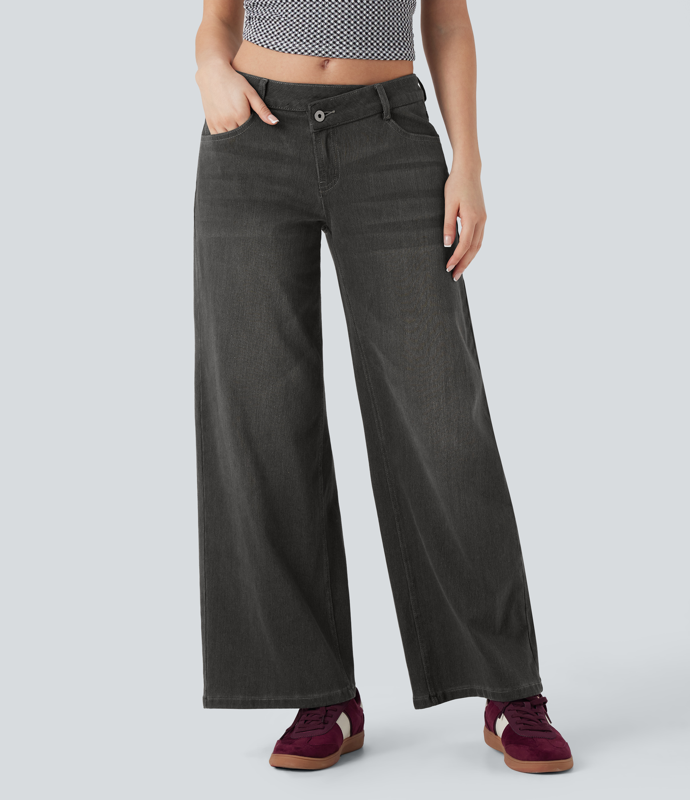Cool Gray Denim Asymmetric Low-Rise Wide-Leg Stretch Denim Jeans with Pockets - 1