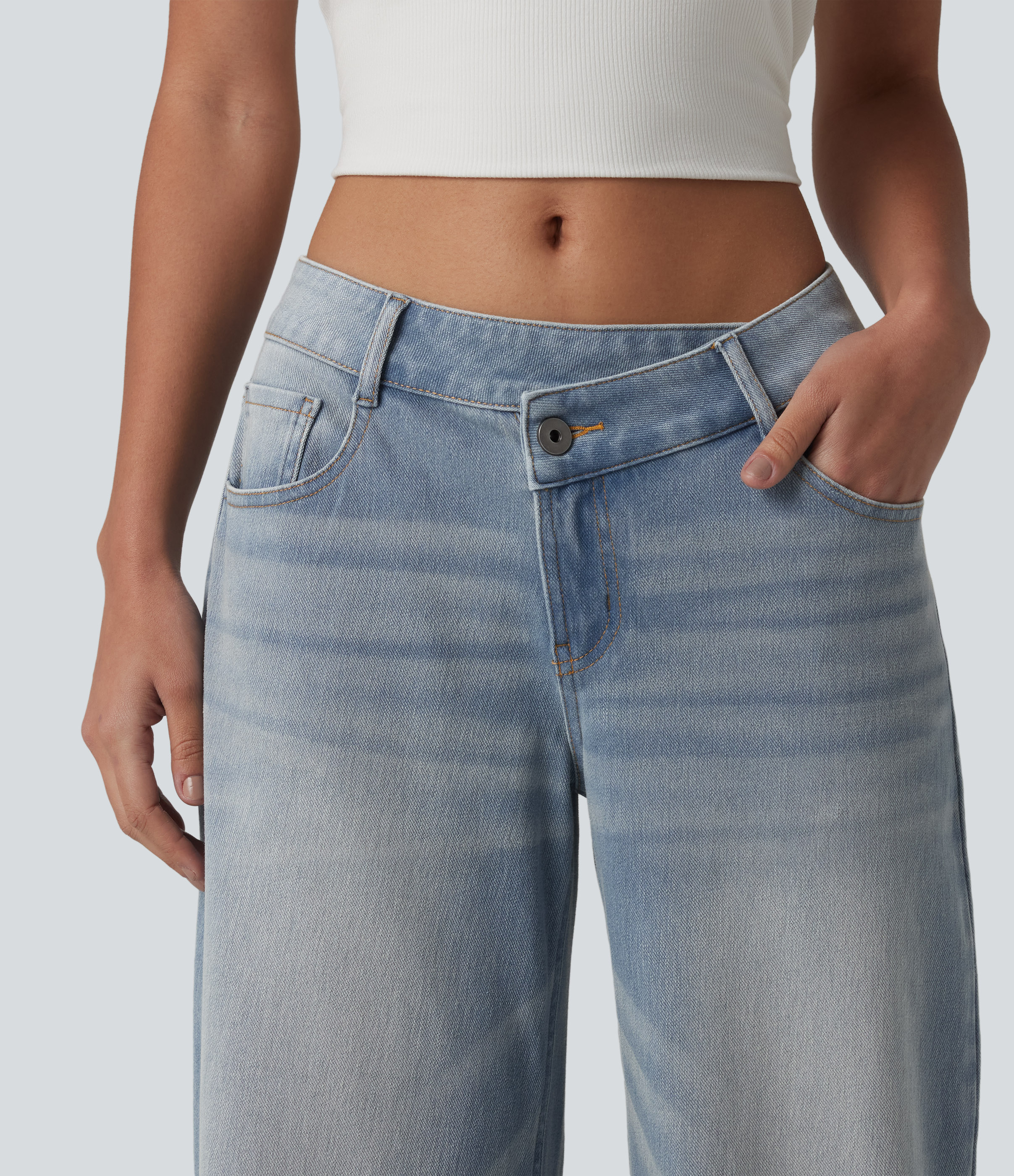 Blue Flower Denim Asymmetric Low-Rise Wide-Leg Stretch Denim Jeans with Pockets - 5