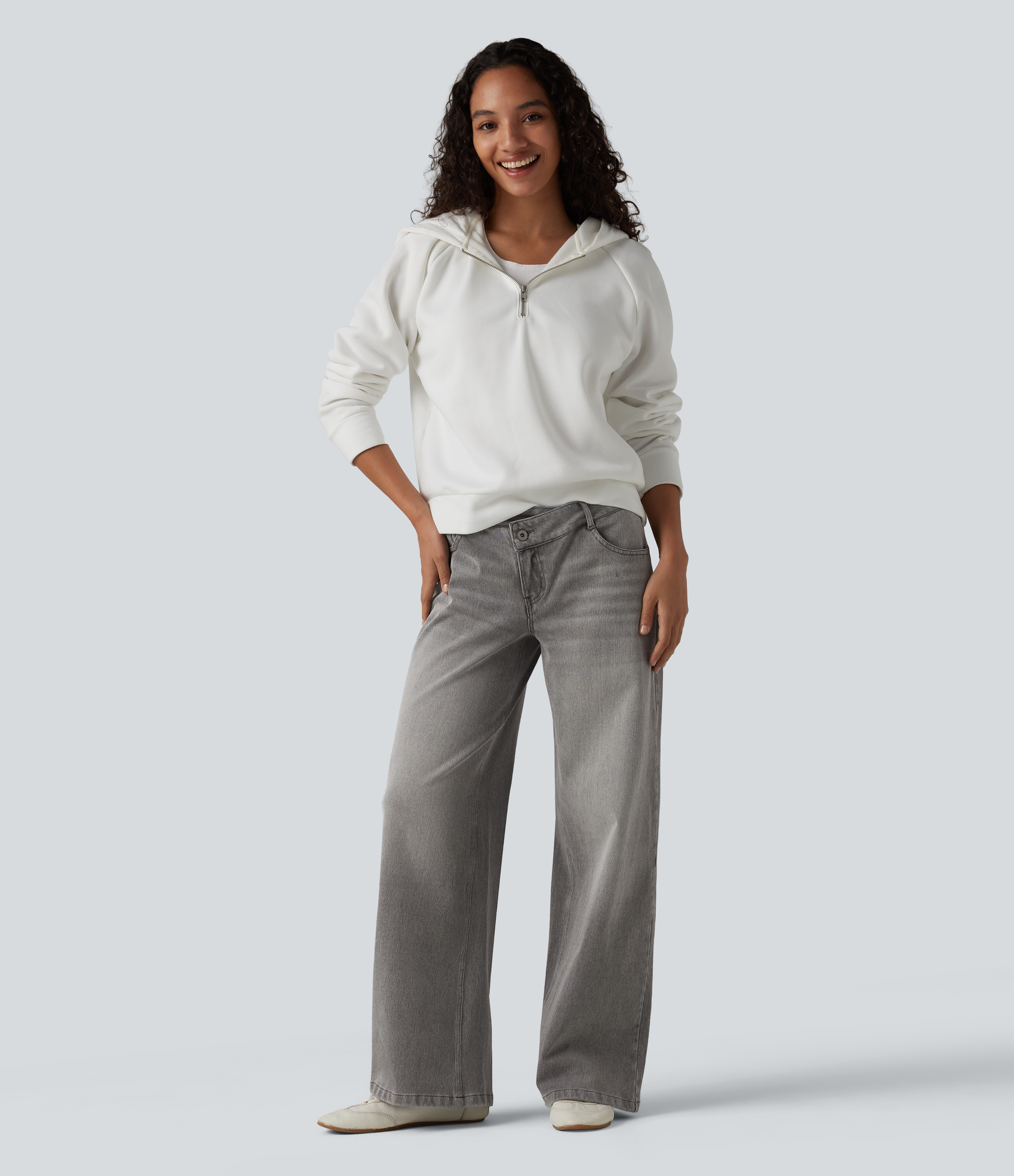 Drizzle Denim Asymmetric Low-Rise Wide-Leg Stretch Denim Jeans with Pockets - 5