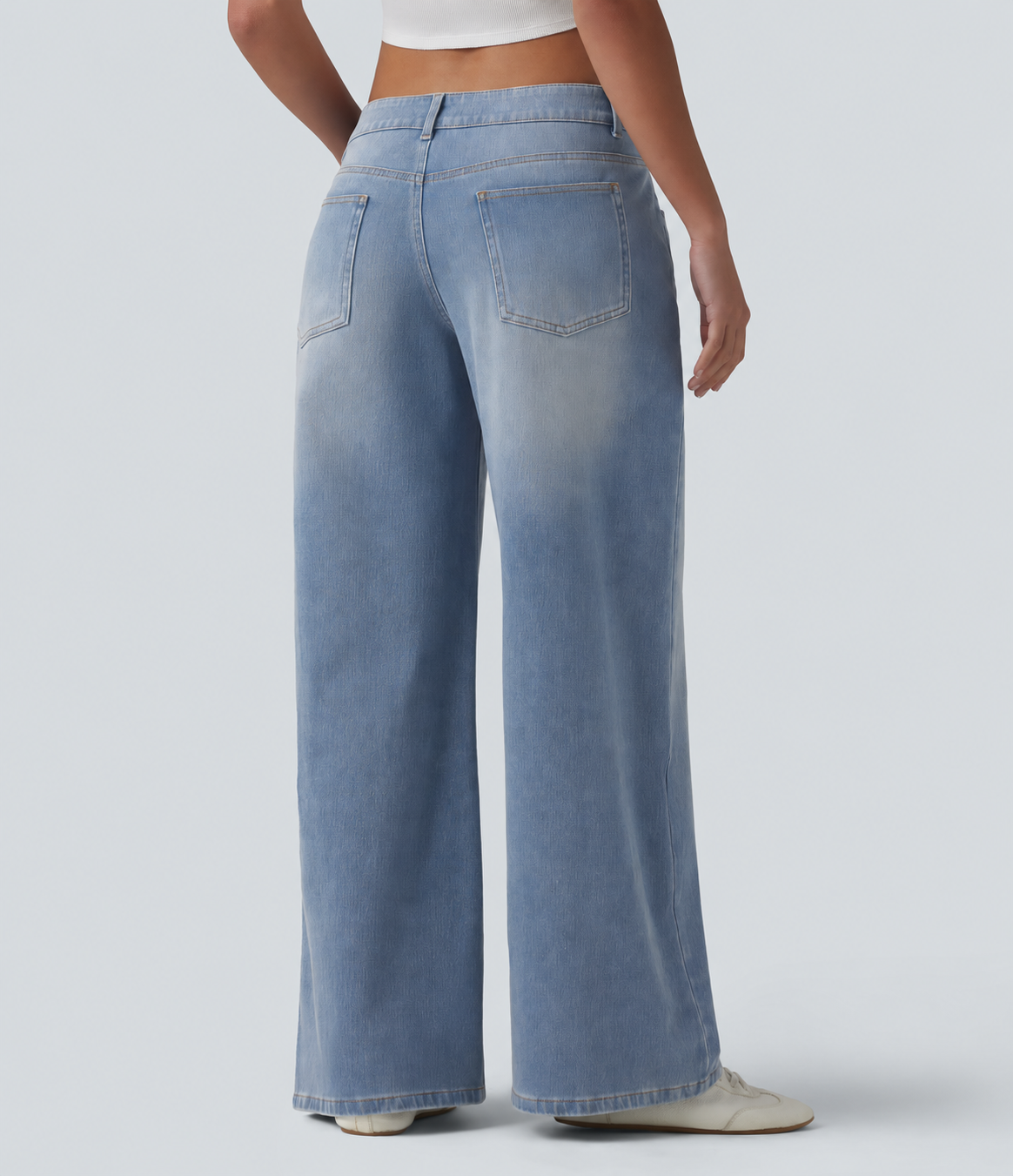 Light Blue – Glacier Light Blue Asymmetric Low-Rise Wide-Leg Stretch Denim Jeans with Pockets - 2