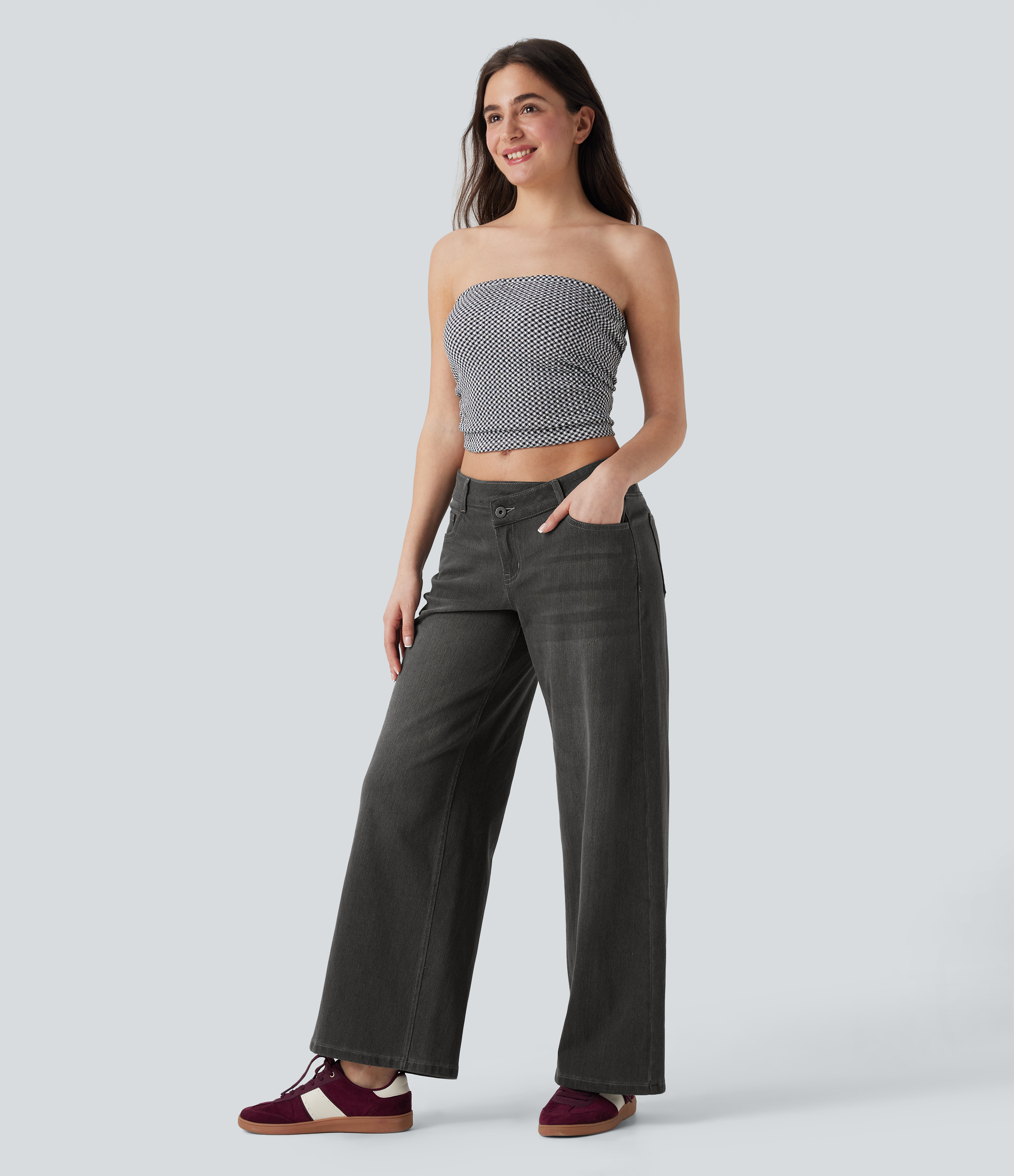Cool Gray Denim Asymmetric Low-Rise Wide-Leg Stretch Denim Jeans with Pockets - 7