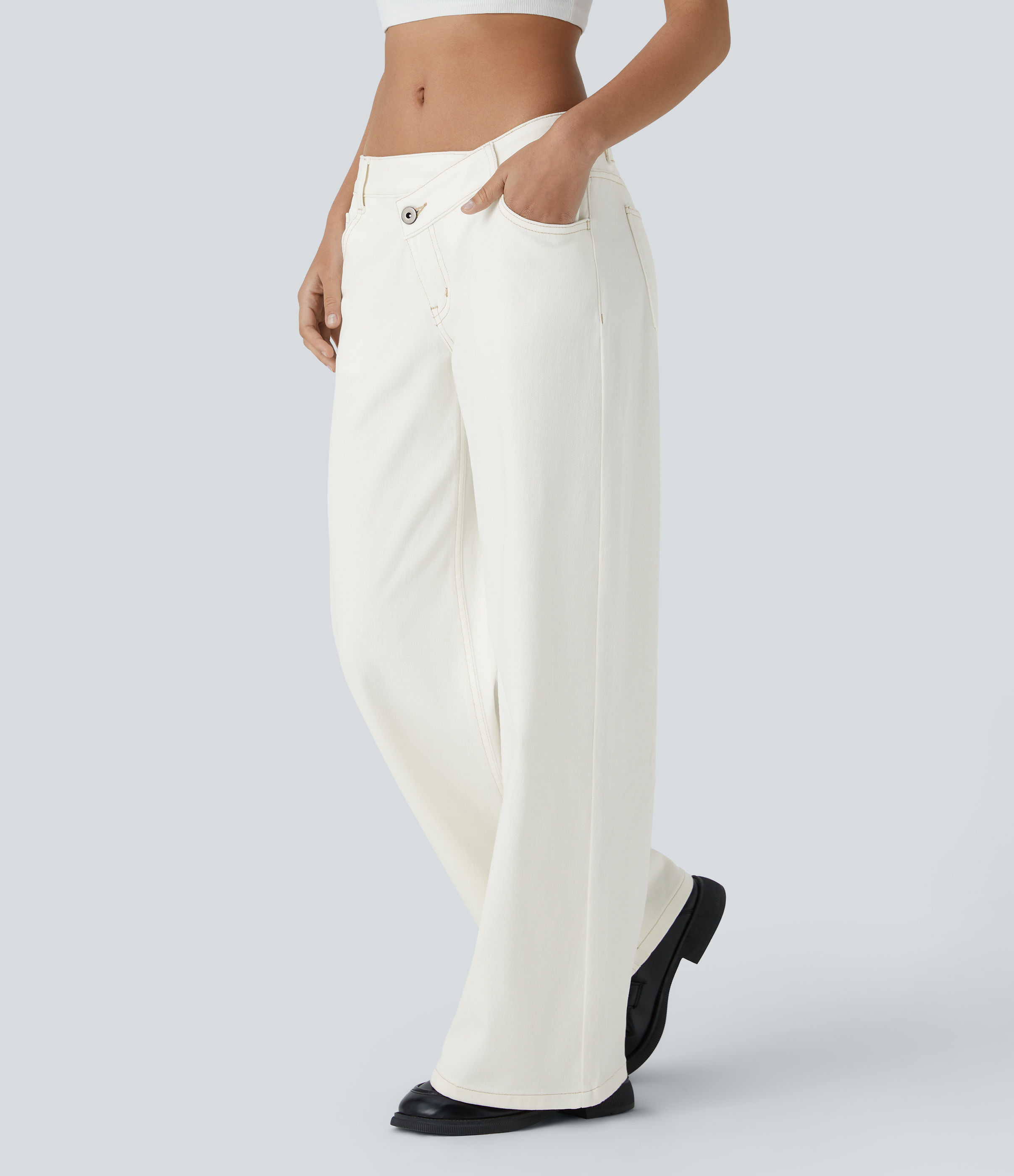 Beige Denim Asymmetric Low-Rise Wide-Leg Stretch Denim Jeans with Pockets - 3