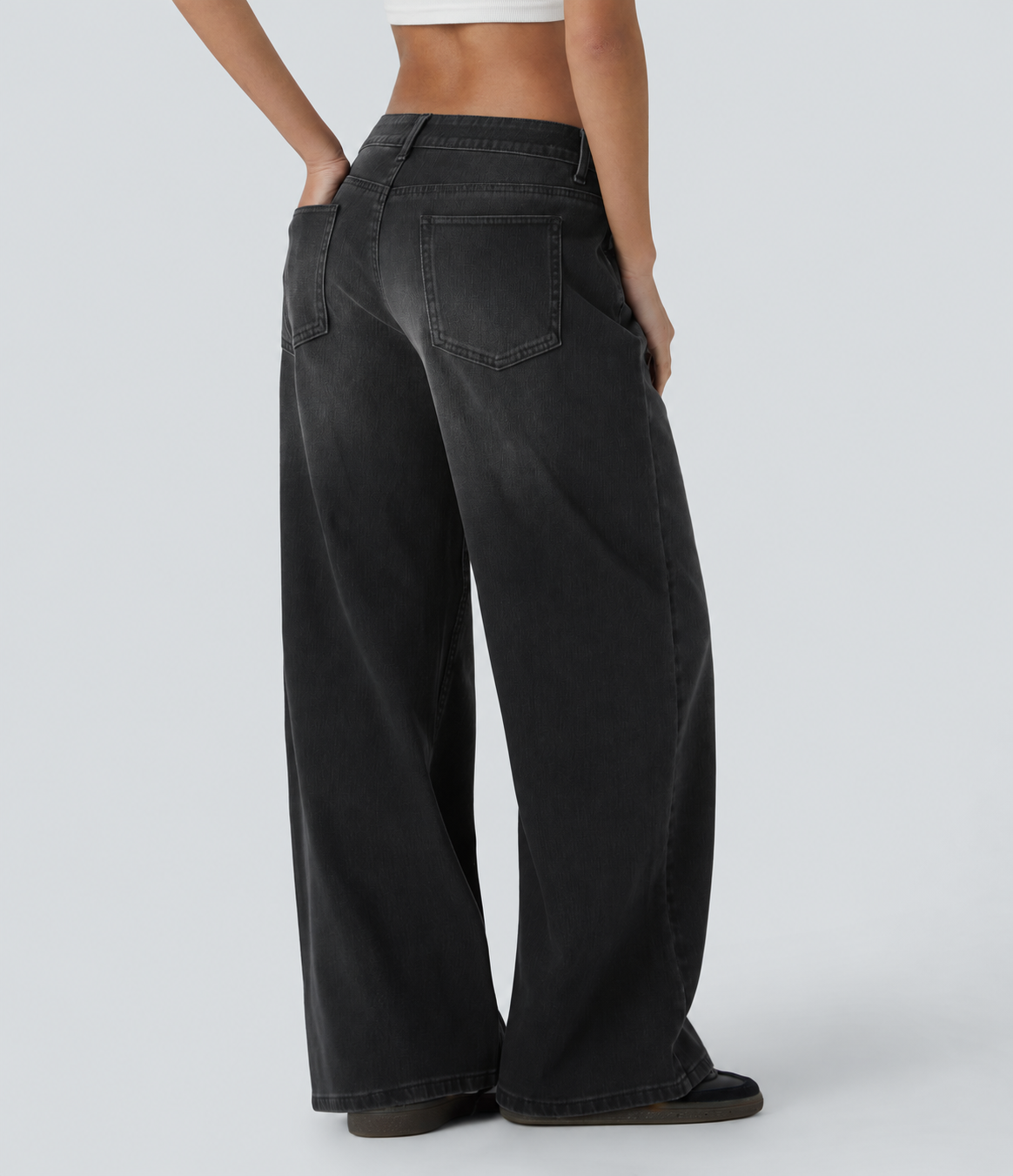 Deep Ink Black Denim Asymmetric Low-Rise Wide-Leg Stretch Denim Jeans with Pockets - 2