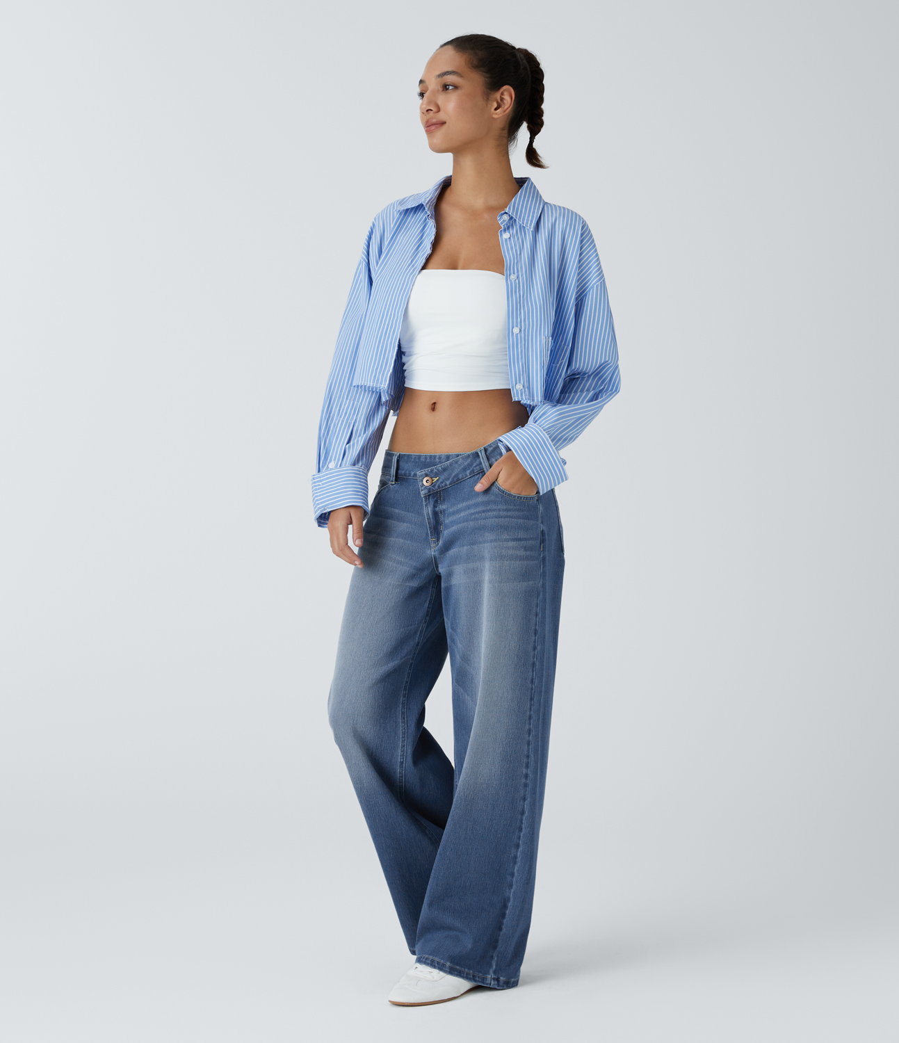 Blue Spruce Denim Asymmetric Low-Rise Wide-Leg Stretch Denim Jeans with Pockets - 8