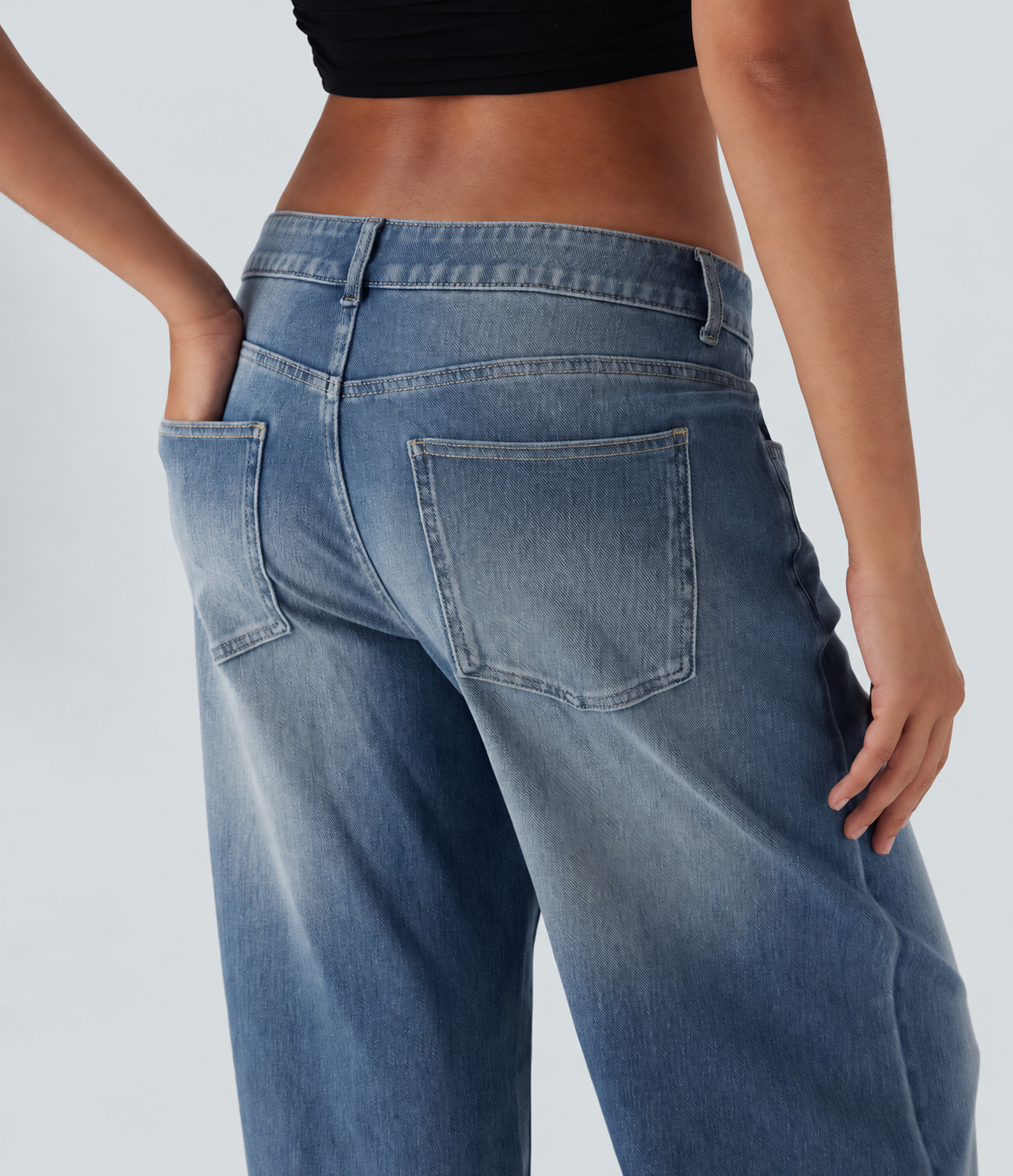 Blue Surf Denim Asymmetric Low-Rise Wide-Leg Stretch Denim Jeans with Pockets - 5