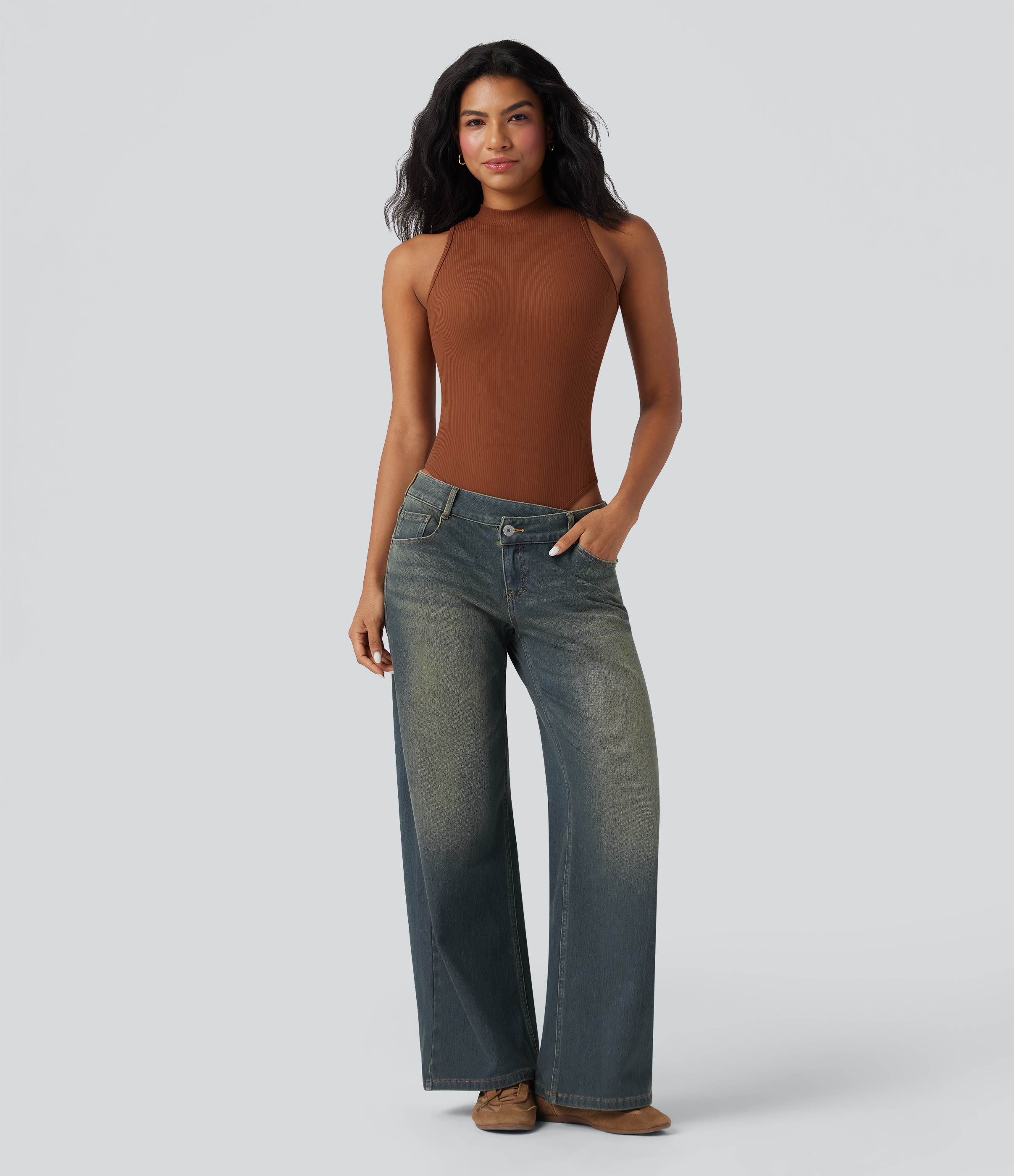 Mottled Dark Blue Denim Asymmetric Low-Rise Wide-Leg Stretch Denim Jeans with Pockets - 6