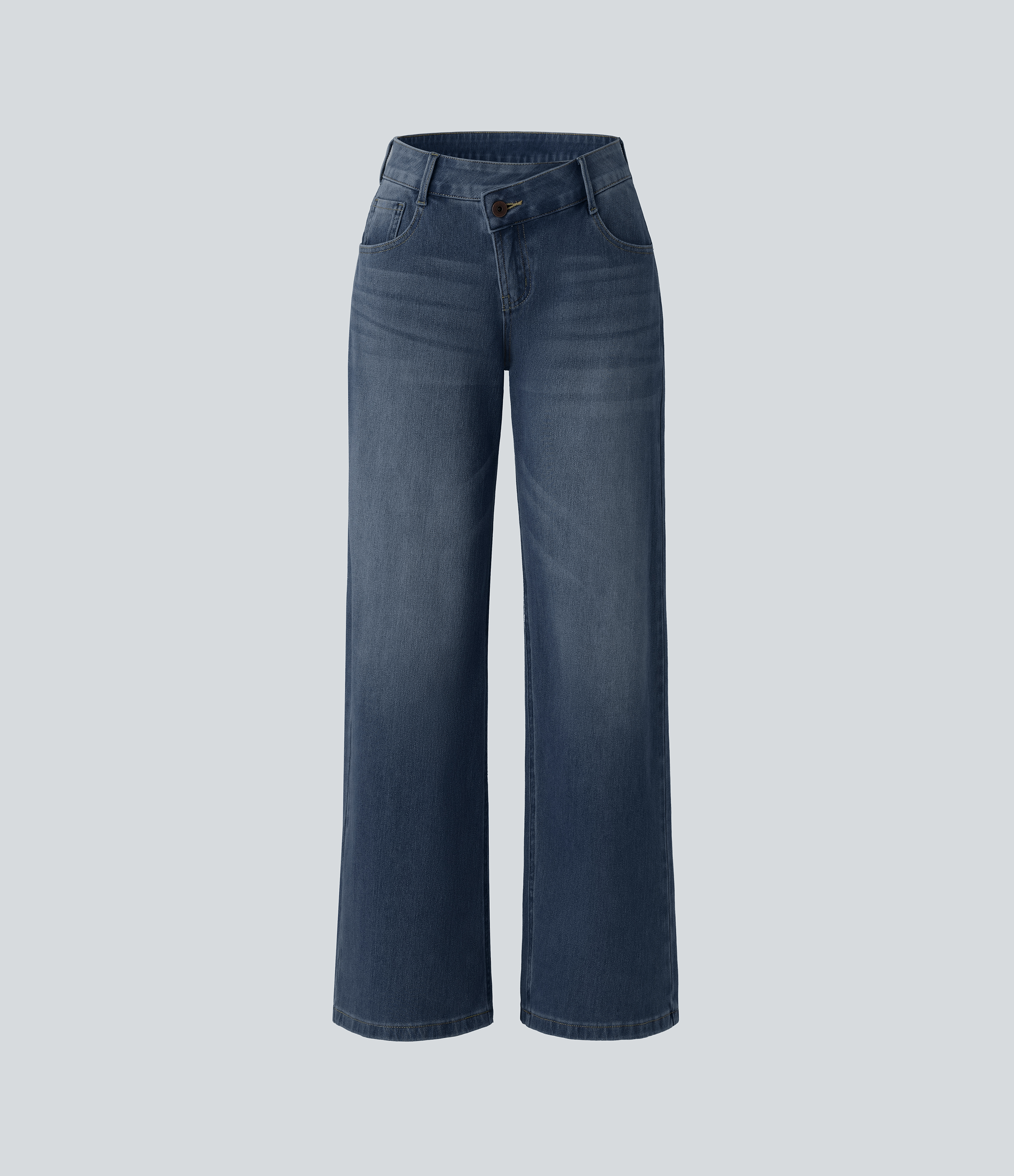 Estate Blue Denim Asymmetric Low-Rise Wide-Leg Stretch Denim Jeans with Pockets - 7