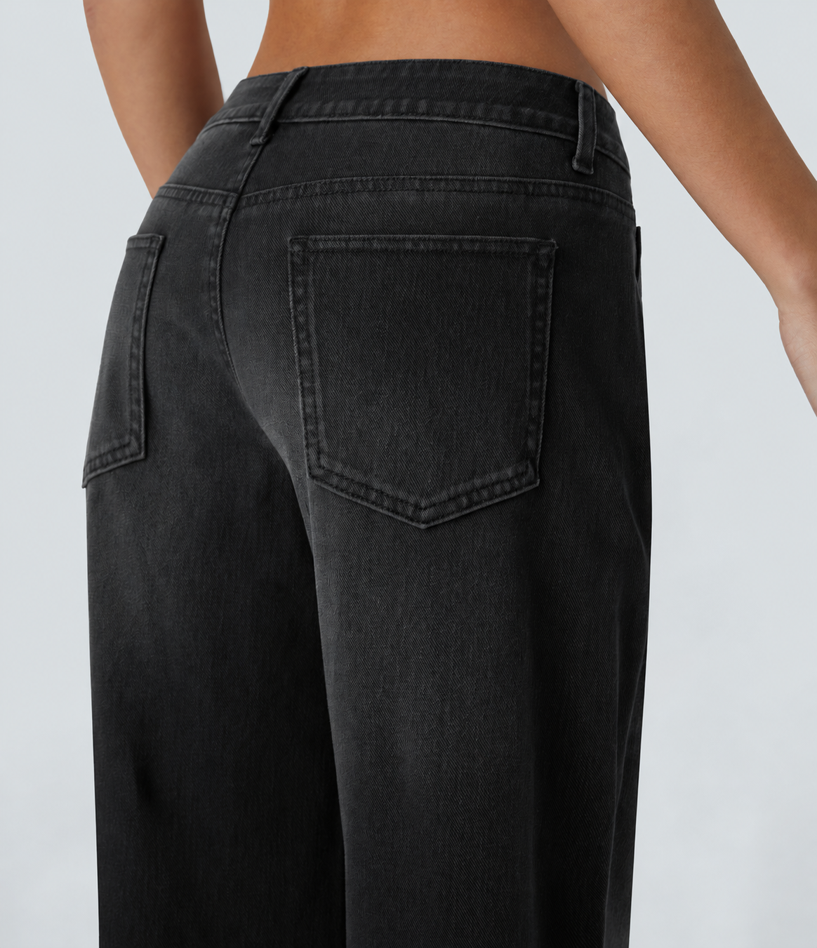 Deep Ink Black Denim Asymmetric Low-Rise Wide-Leg Stretch Denim Jeans with Pockets - 4