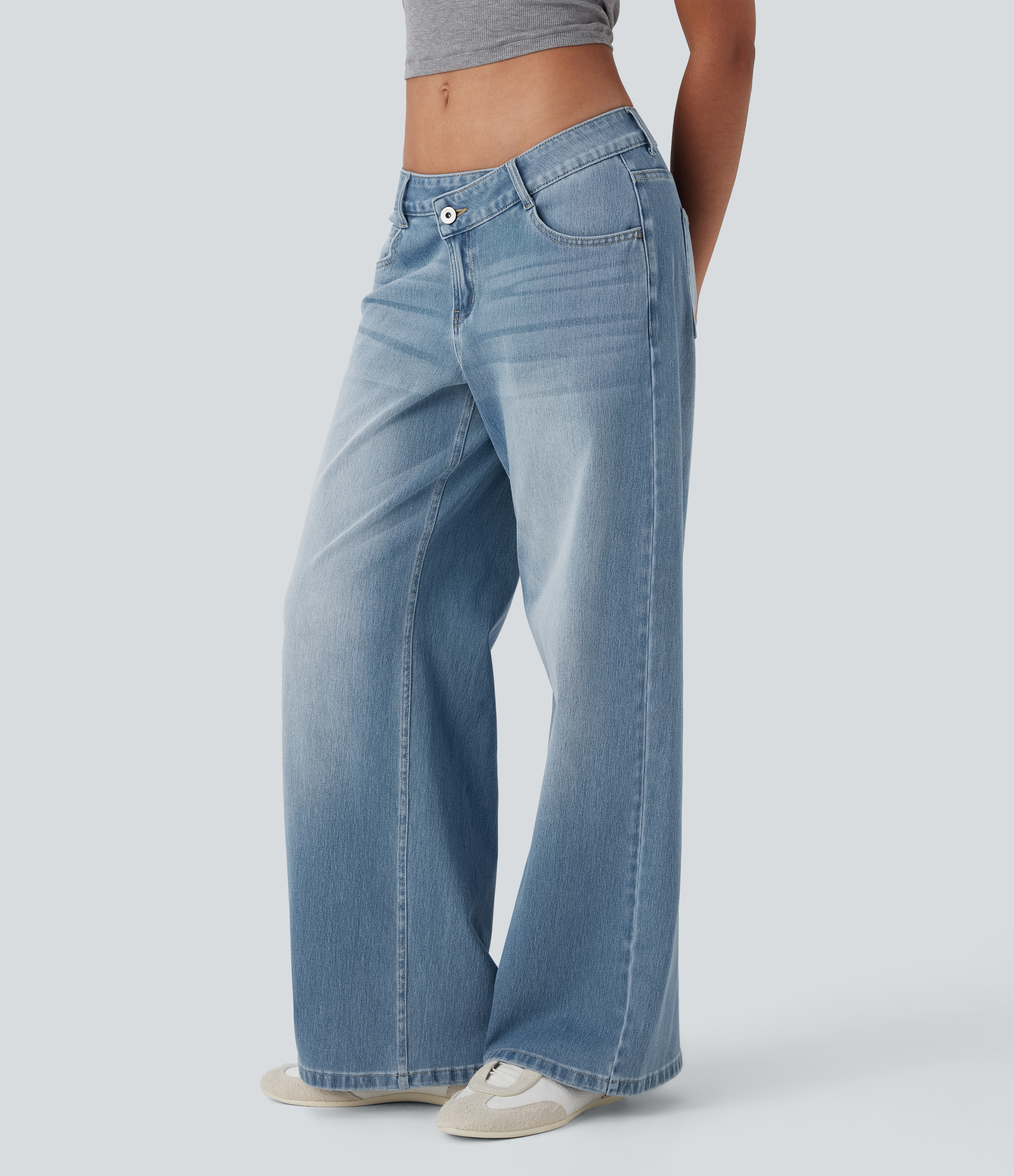 Malibu Blue Denim Asymmetric Low-Rise Wide-Leg Stretch Denim Jeans with Pockets - 3