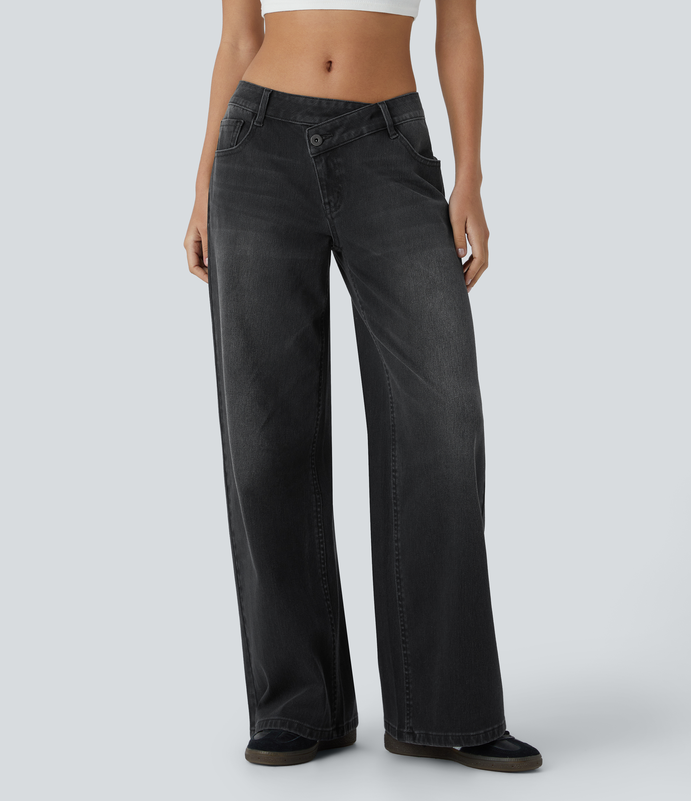 Deep Ink Black Denim Asymmetric Low-Rise Wide-Leg Stretch Denim Jeans with Pockets - 1
