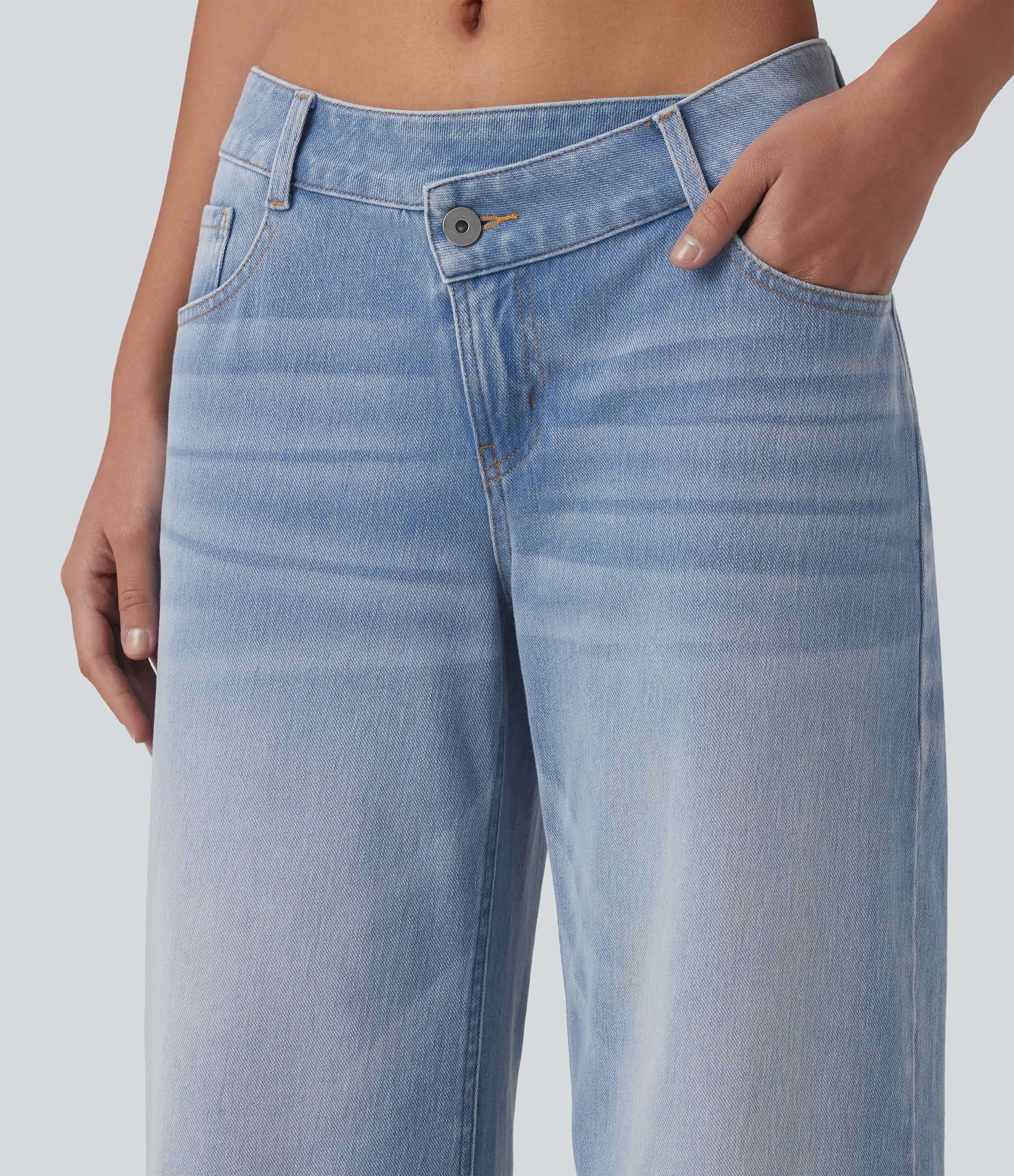 Light Blue – Glacier Light Blue Asymmetric Low-Rise Wide-Leg Stretch Denim Jeans with Pockets - 5
