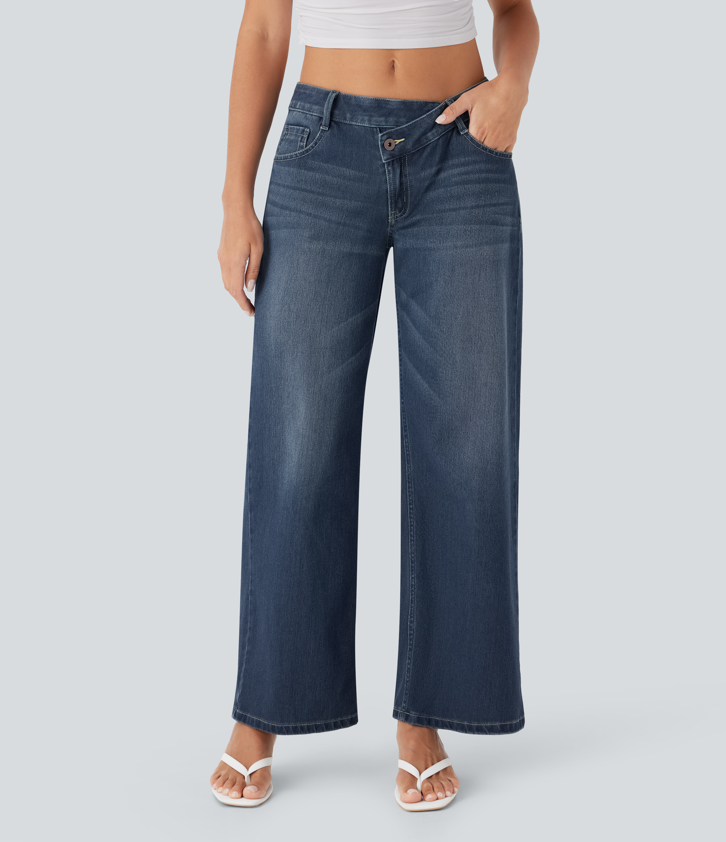 Estate Blue Denim Asymmetric Low-Rise Wide-Leg Stretch Denim Jeans with Pockets - 1