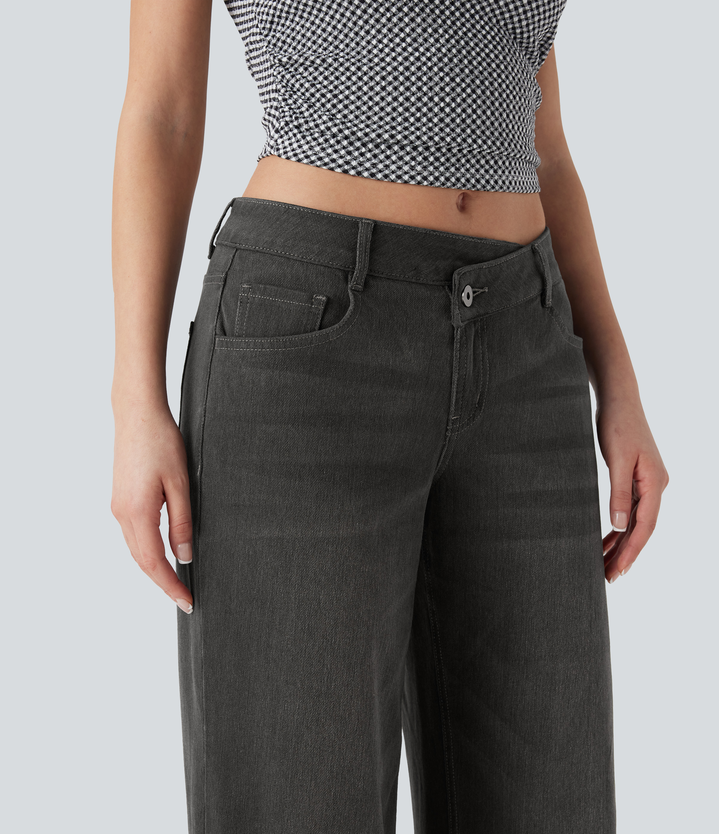 Cool Gray Denim Asymmetric Low-Rise Wide-Leg Stretch Denim Jeans with Pockets - 6