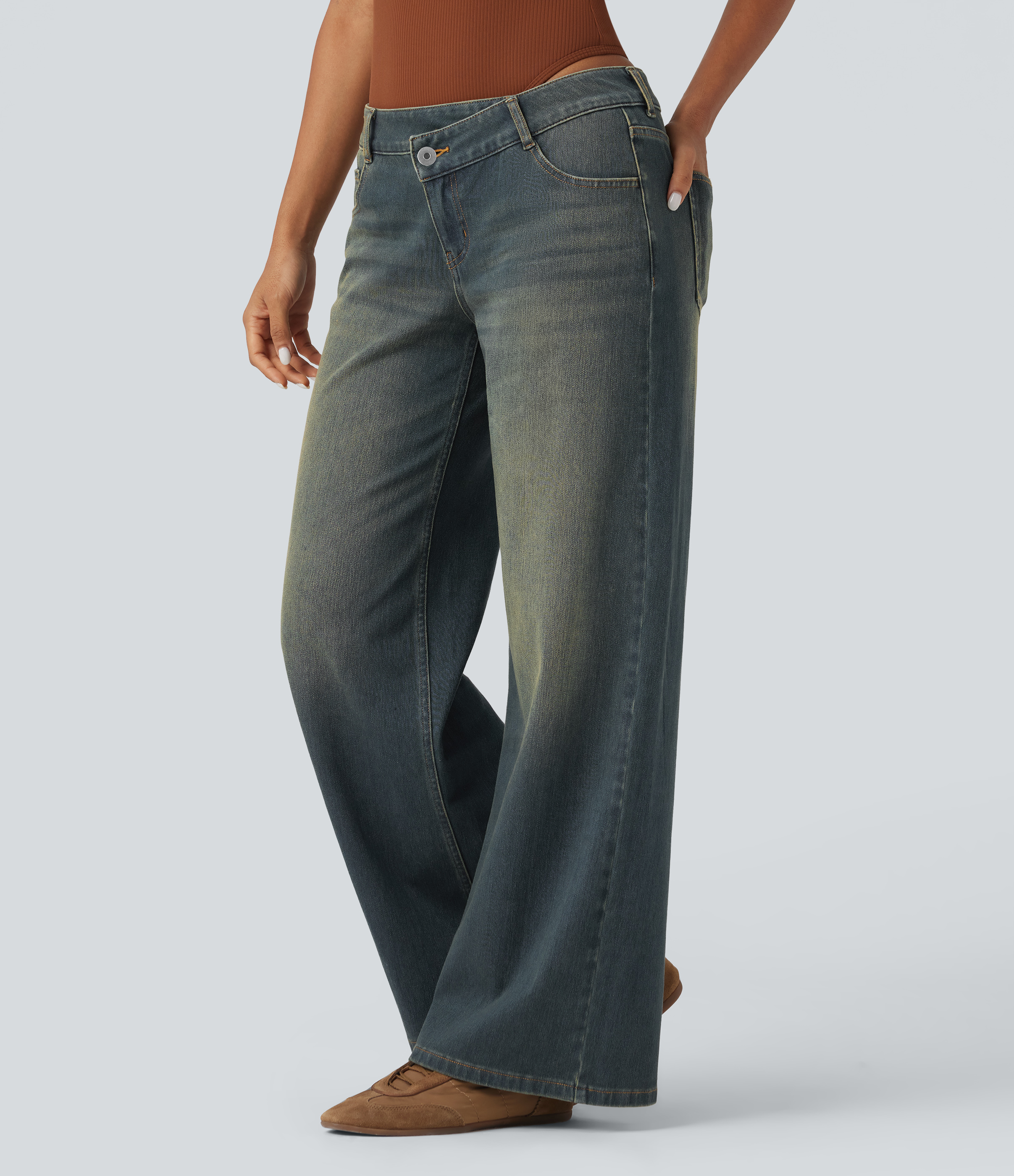 Mottled Dark Blue Denim Asymmetric Low-Rise Wide-Leg Stretch Denim Jeans with Pockets - 3