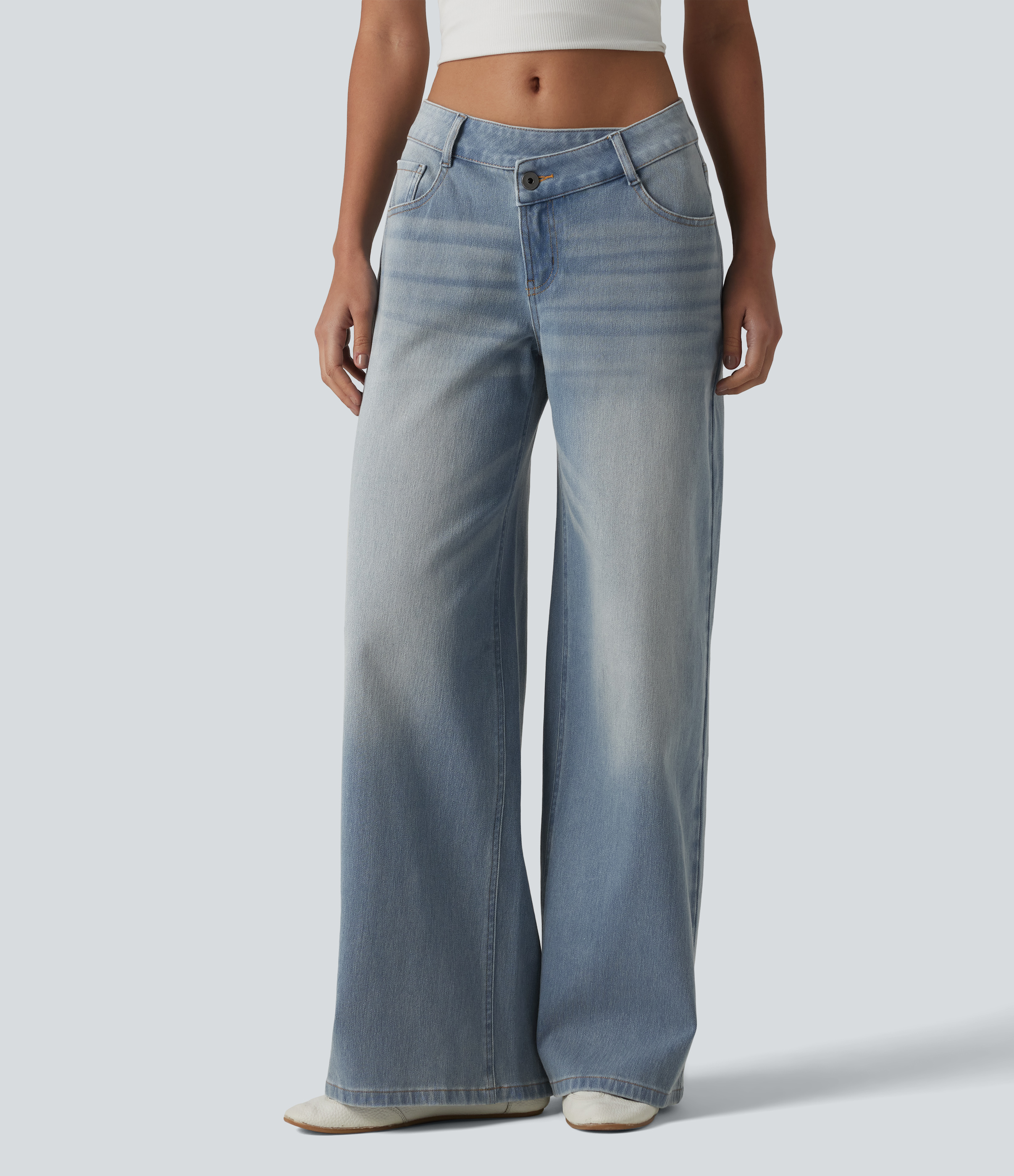 Blue Flower Denim Asymmetric Low-Rise Wide-Leg Stretch Denim Jeans with Pockets - 1