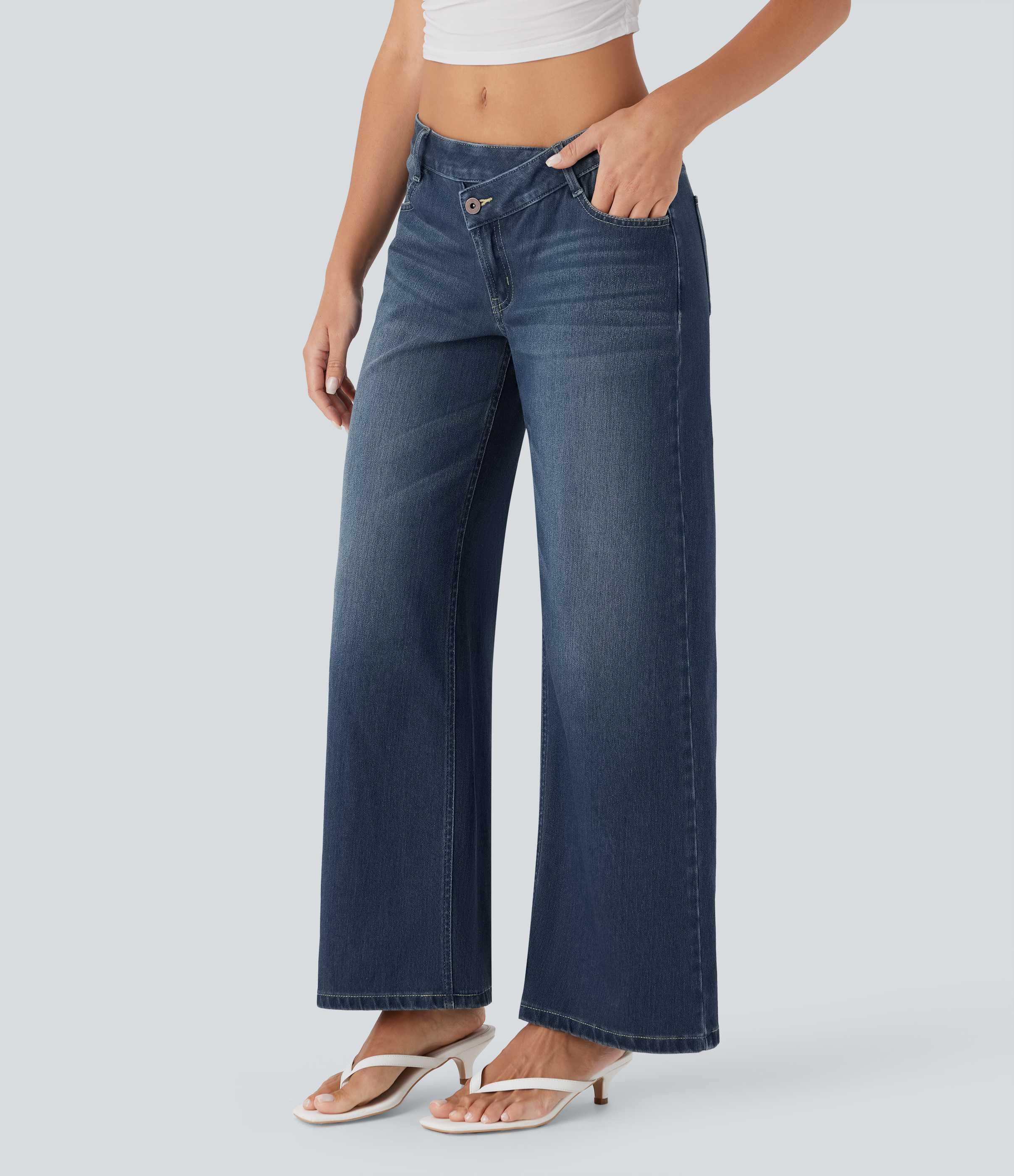 Estate Blue Denim Asymmetric Low-Rise Wide-Leg Stretch Denim Jeans with Pockets - 3