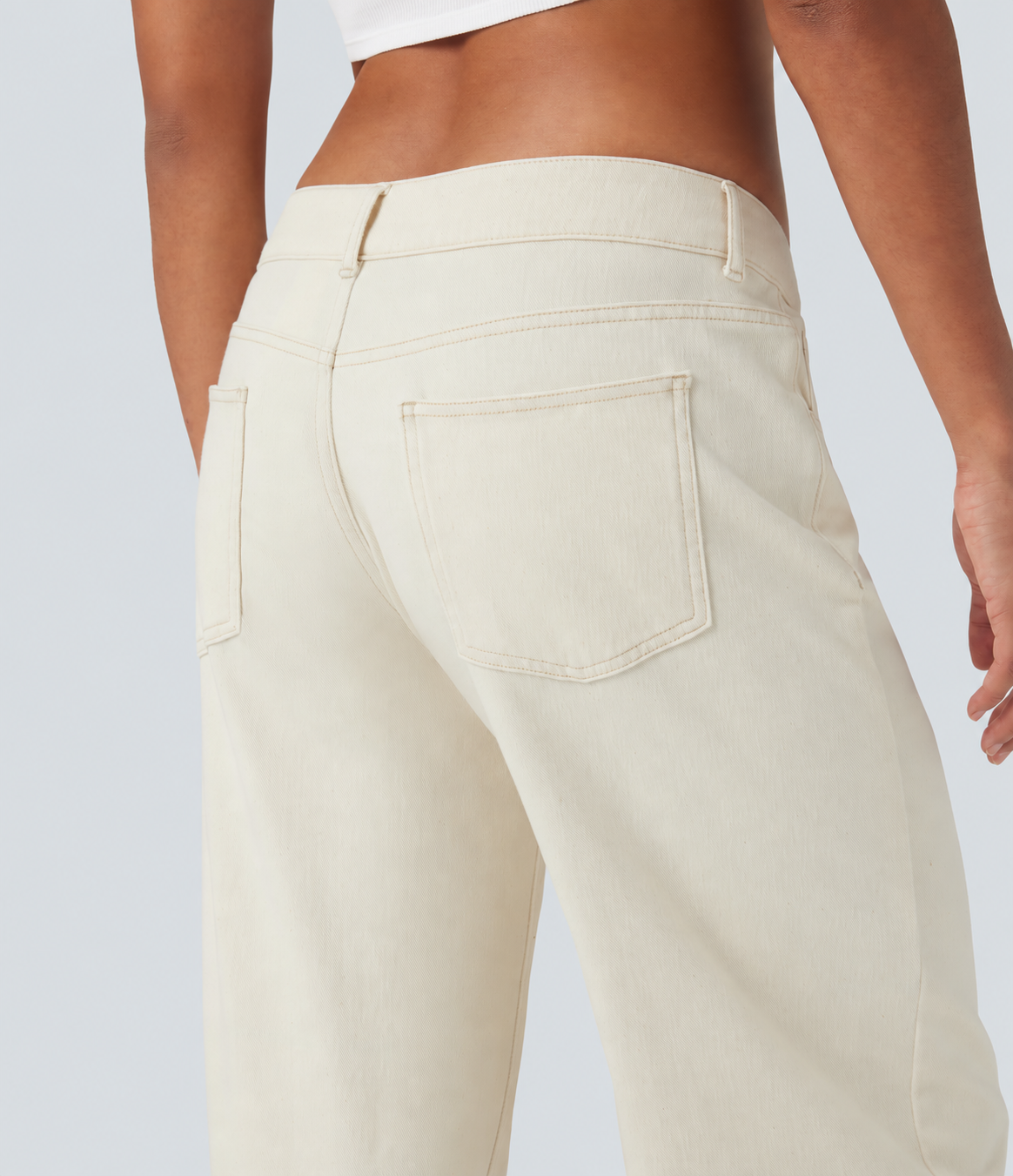 Light Khaki Denim Asymmetric Low-Rise Wide-Leg Stretch Denim Jeans with Pockets - 5
