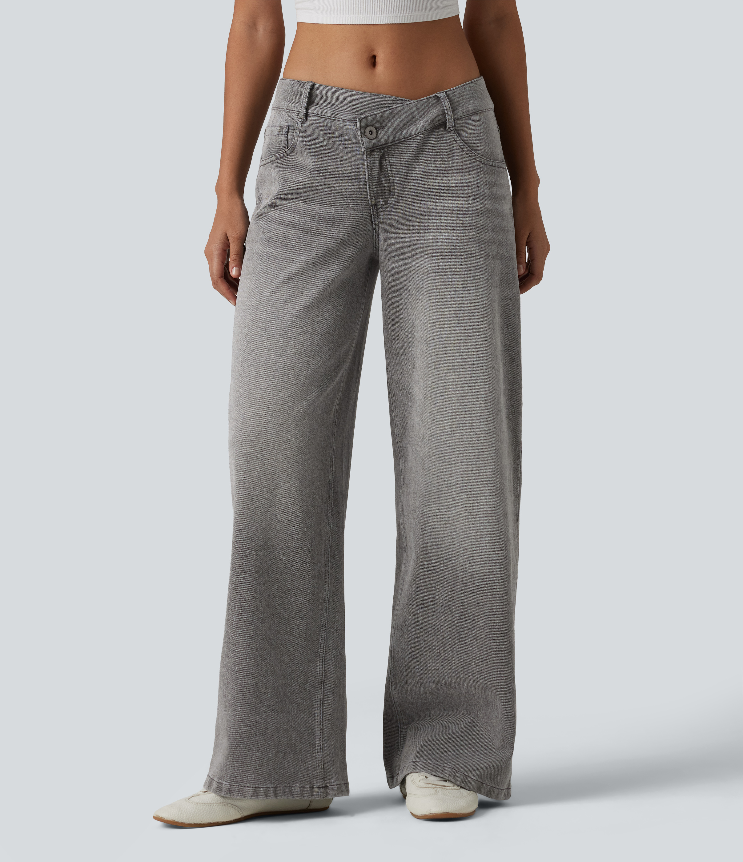 Drizzle Denim Asymmetric Low-Rise Wide-Leg Stretch Denim Jeans with Pockets - 1