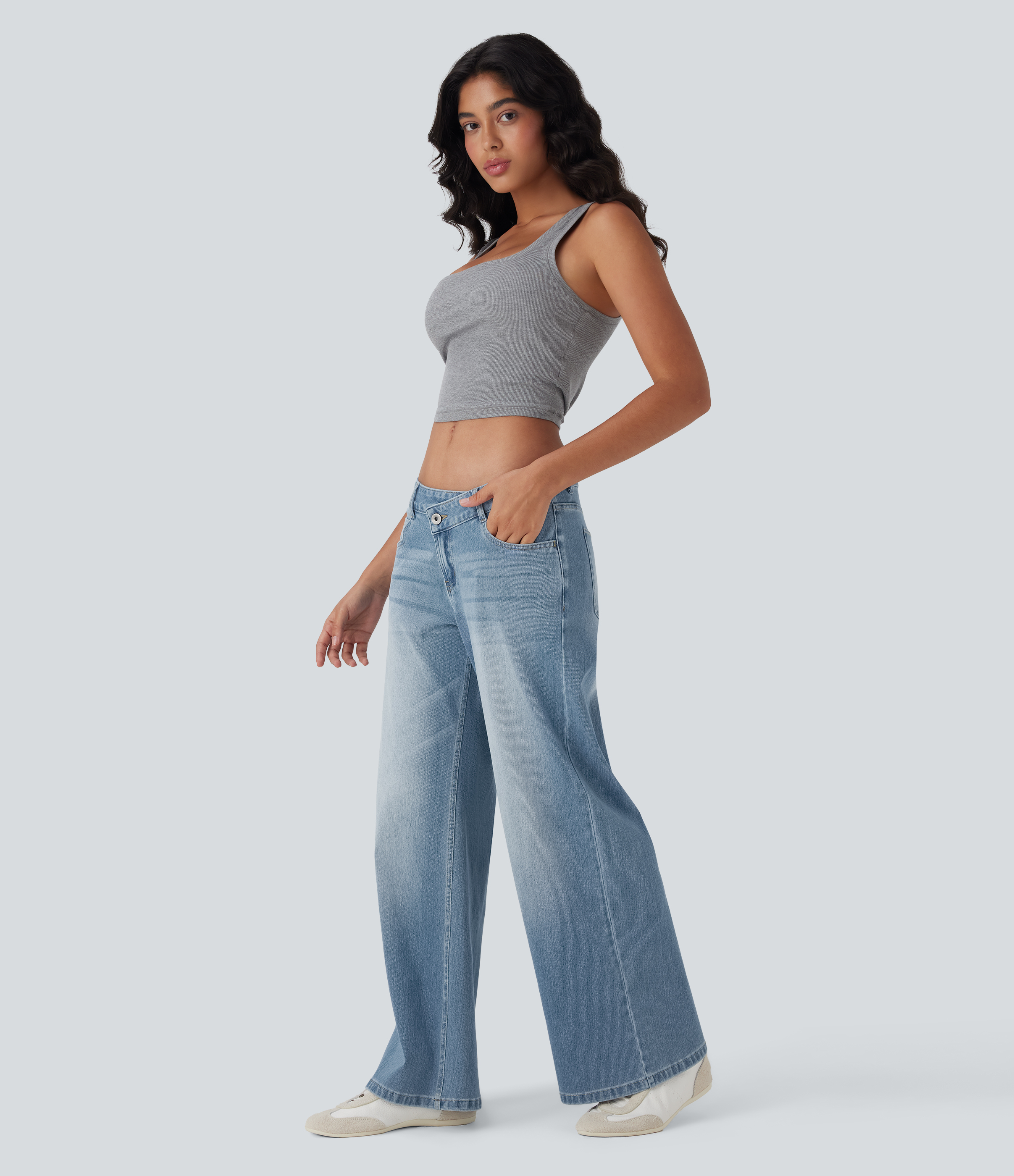 Malibu Blue Denim Asymmetric Low-Rise Wide-Leg Stretch Denim Jeans with Pockets - 6