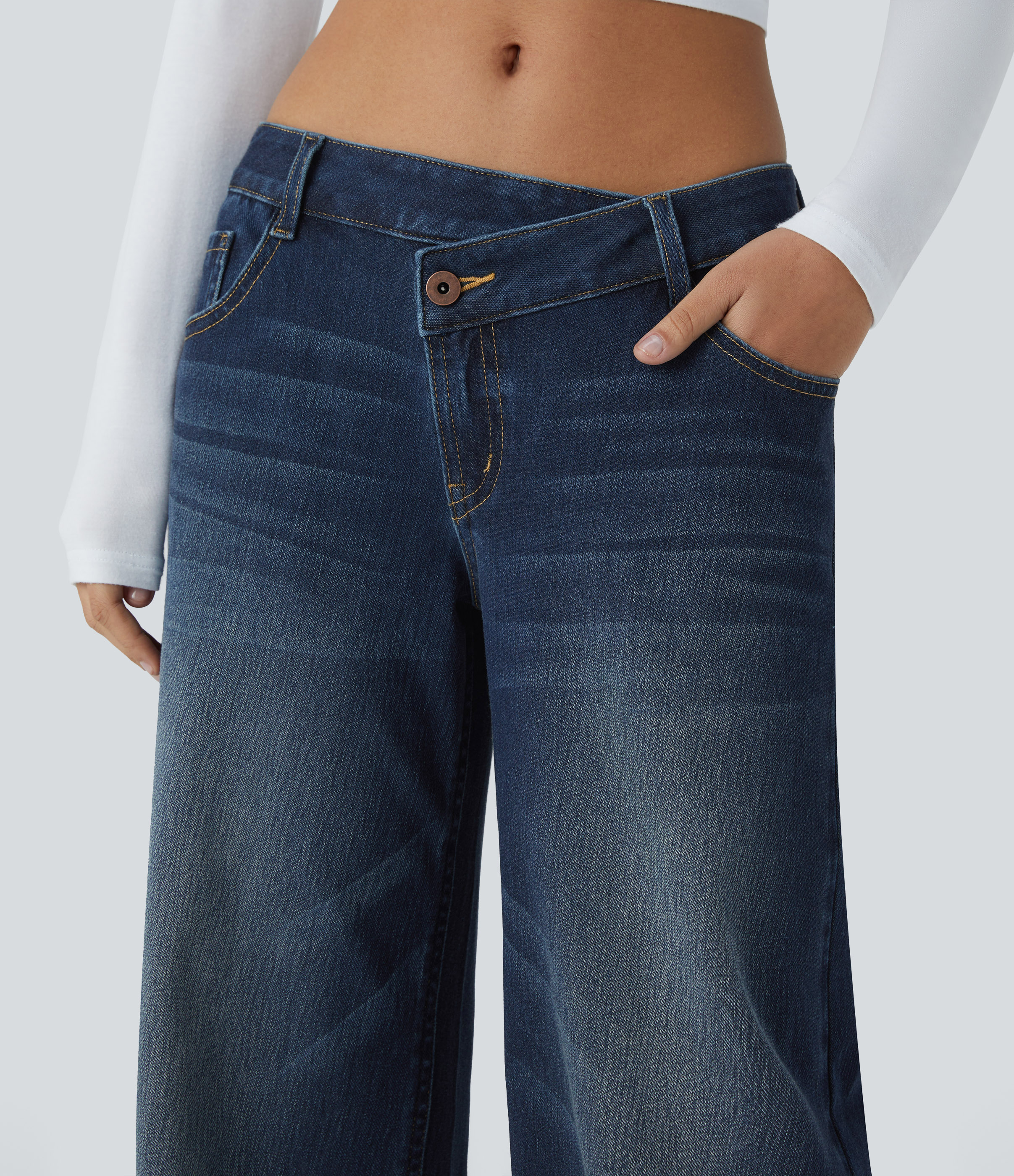Paint Blue Denim Asymmetric Low-Rise Wide-Leg Stretch Denim Jeans with Pockets - 5