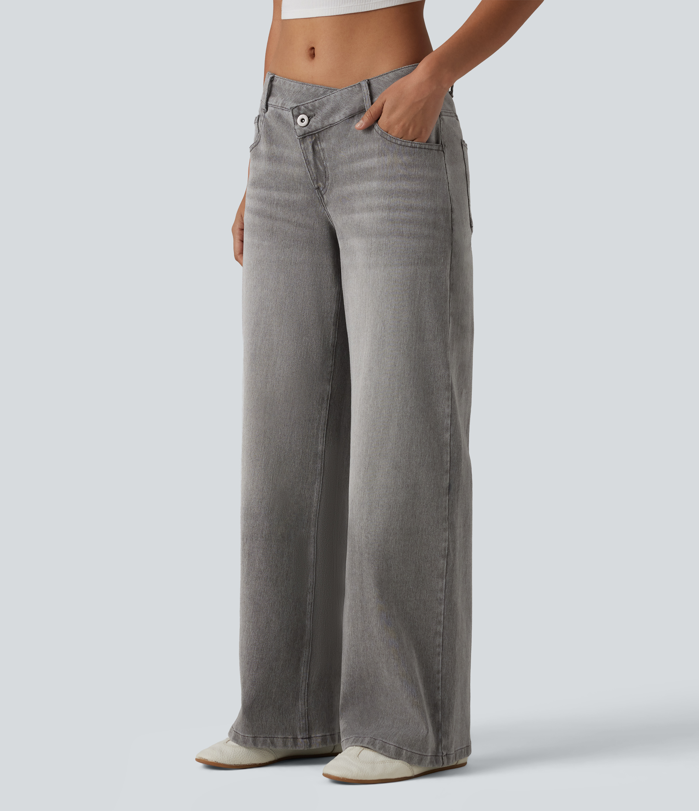 Drizzle Denim Asymmetric Low-Rise Wide-Leg Stretch Denim Jeans with Pockets - 3