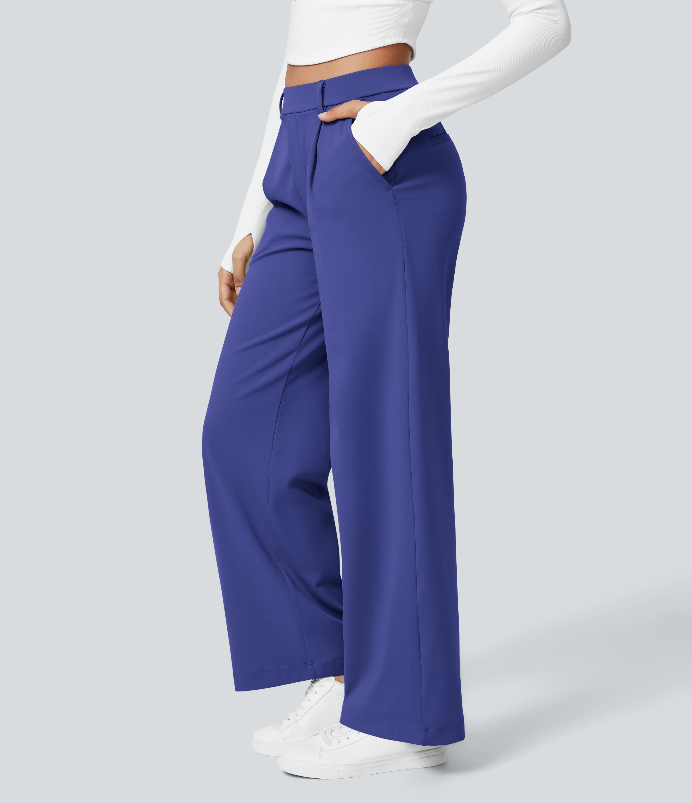 Royal Blue High Waisted Pleated Straight Leg Work Pants with Pockets - 3