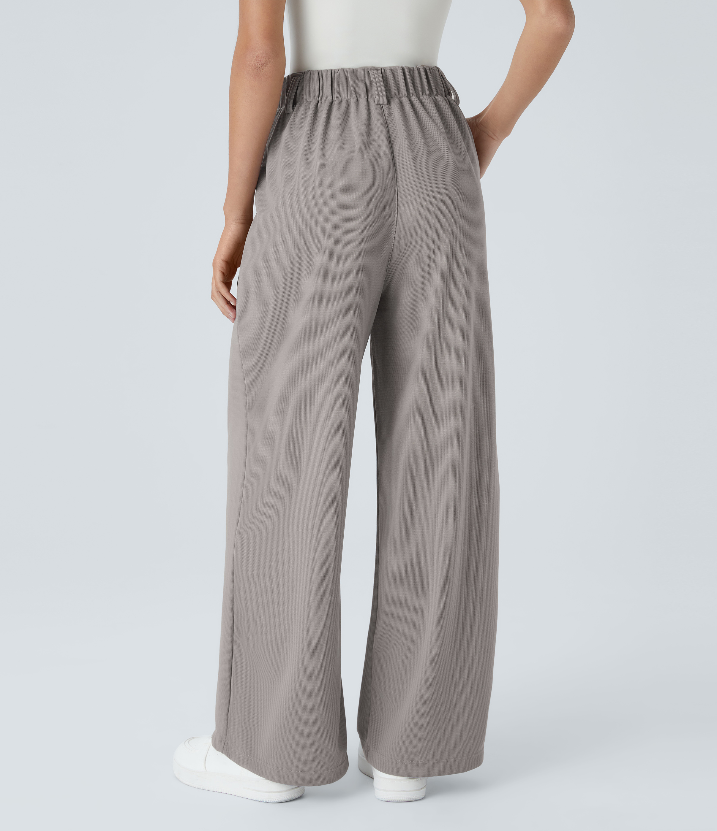 Mink Ash High-Waisted Pleated Wide-Leg Waffle Work Pants with Pockets - 2