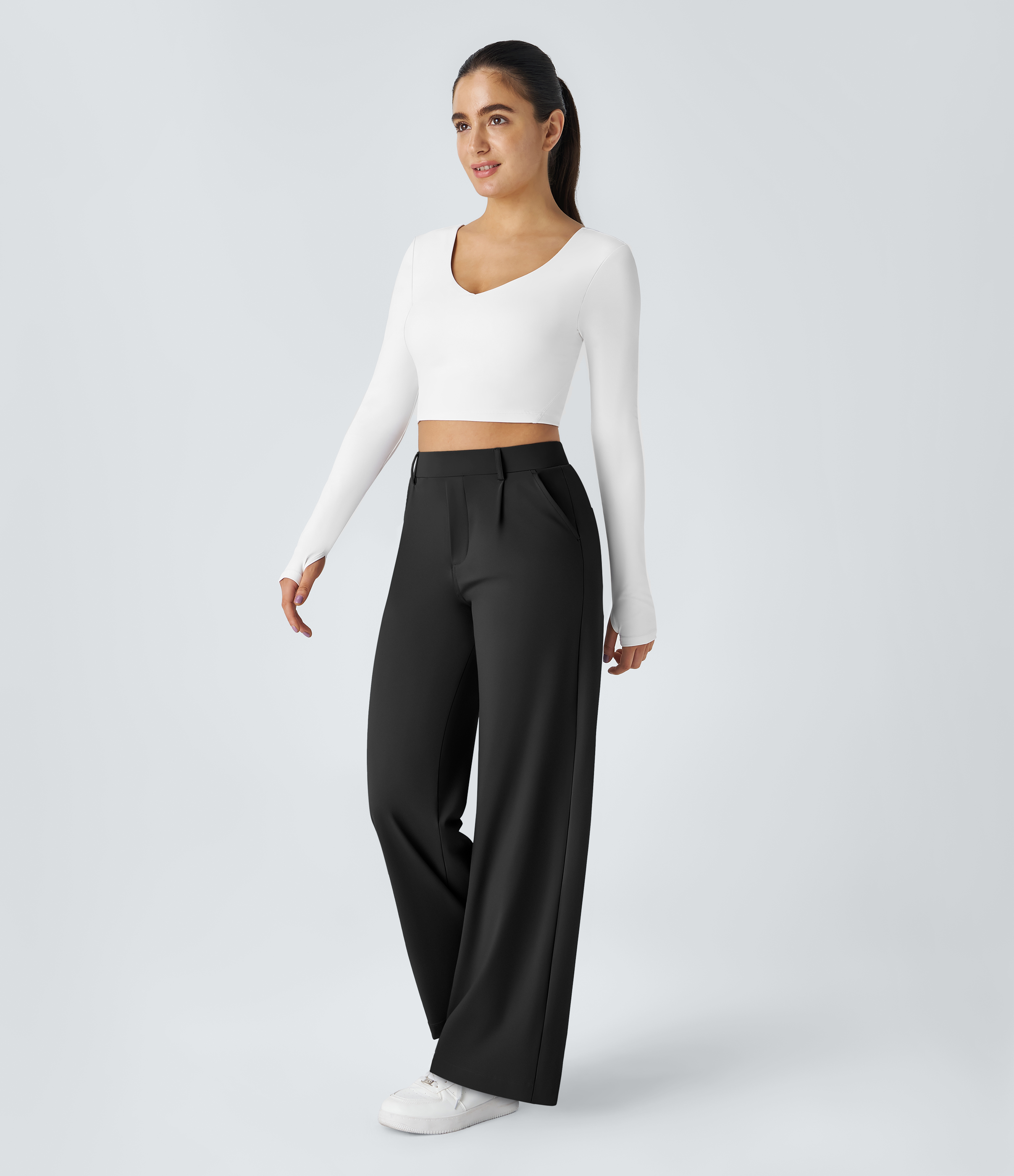 Black High Waisted Pleated Straight Leg Work Pants with Pockets - 6