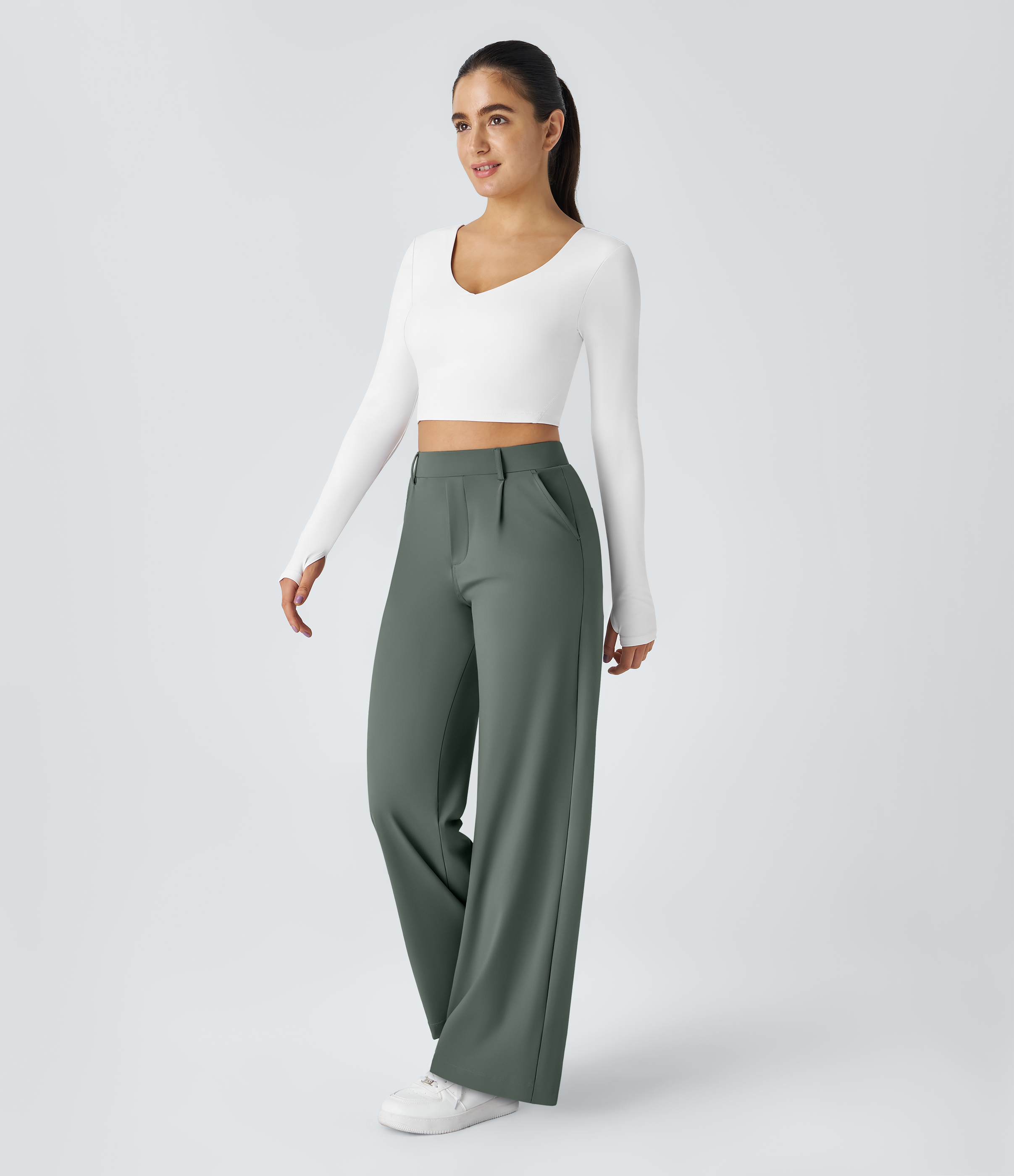 Deep Aquamarine High Waisted Pleated Straight Leg Work Pants with Pockets - 6