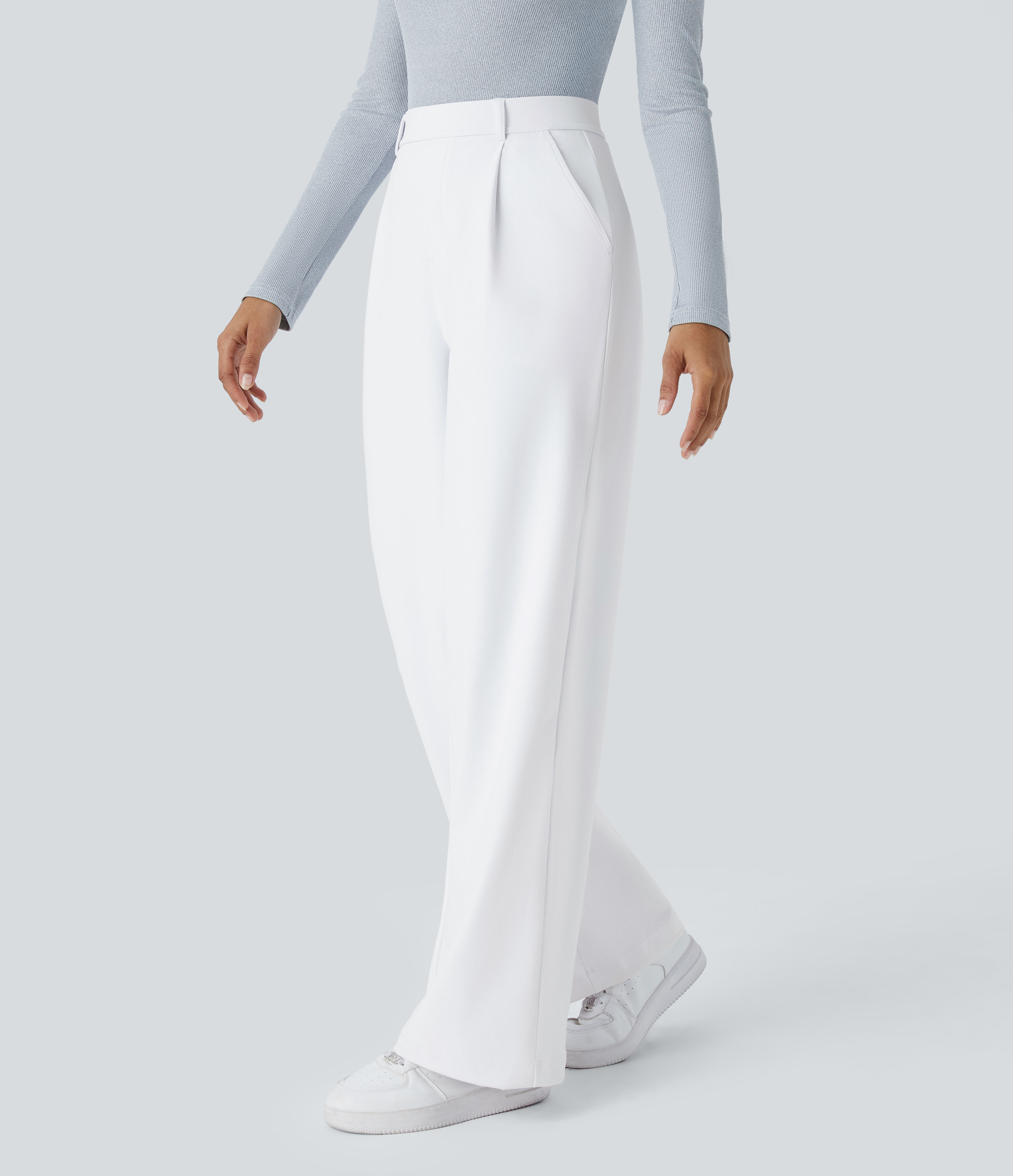 White High Waisted Pleated Straight Leg Work Pants with Pockets - 3