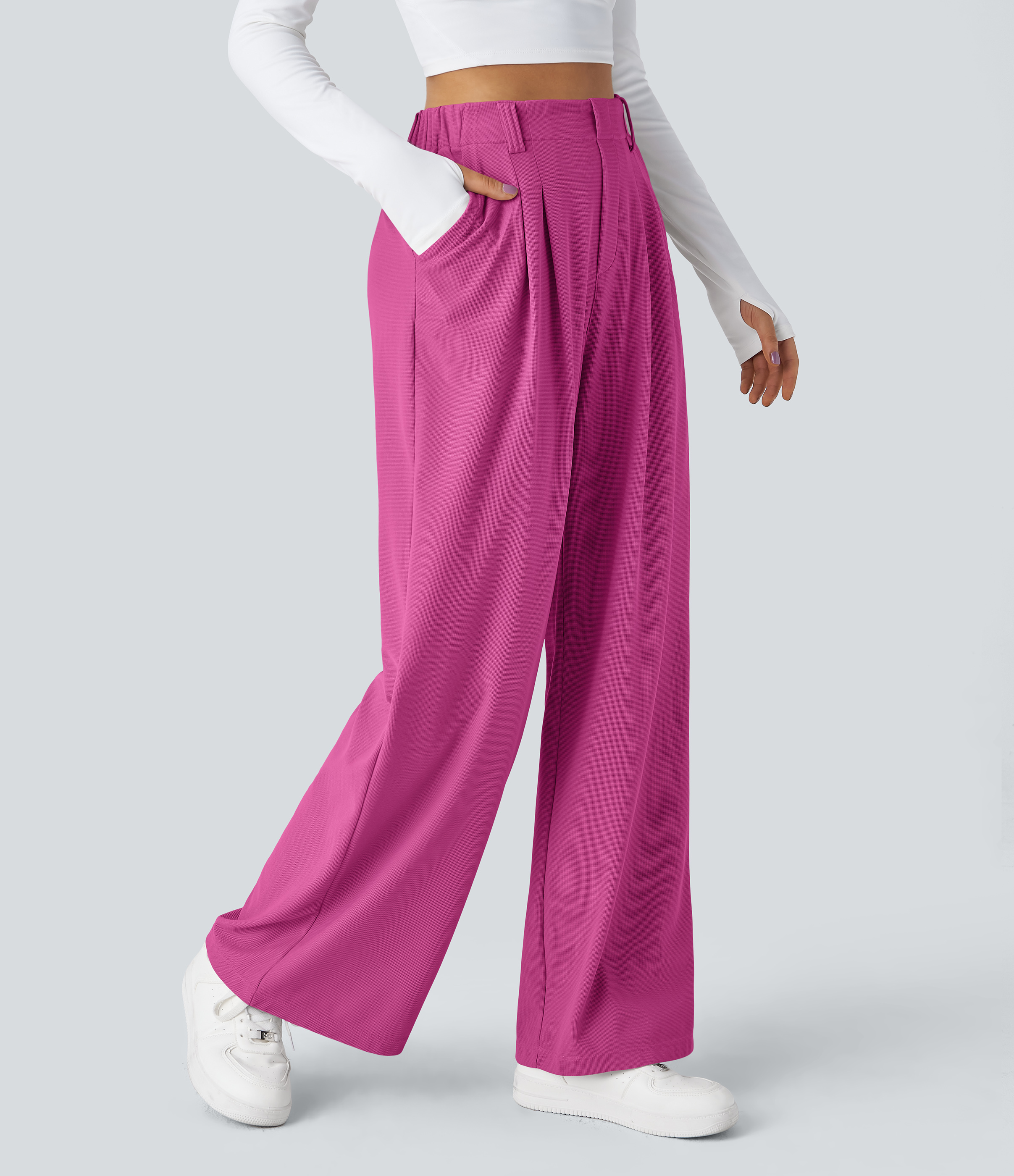 Fuchsia Fedora High-Waisted Pleated Wide-Leg Waffle Work Pants with Pockets - 1