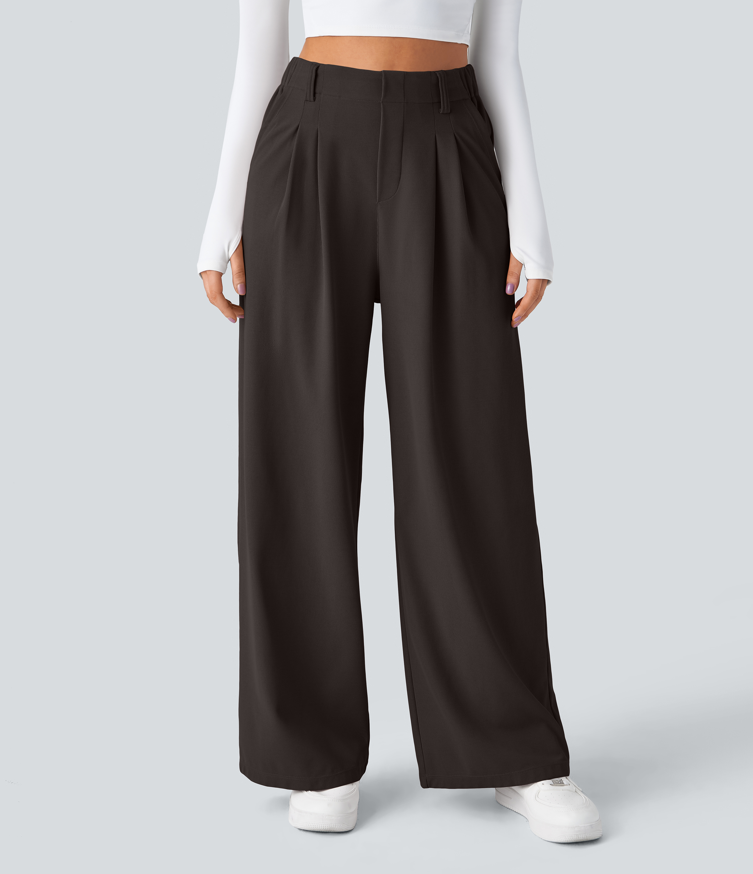 Delicioso High-Waisted Pleated Wide-Leg Waffle Work Pants with Pockets - 3