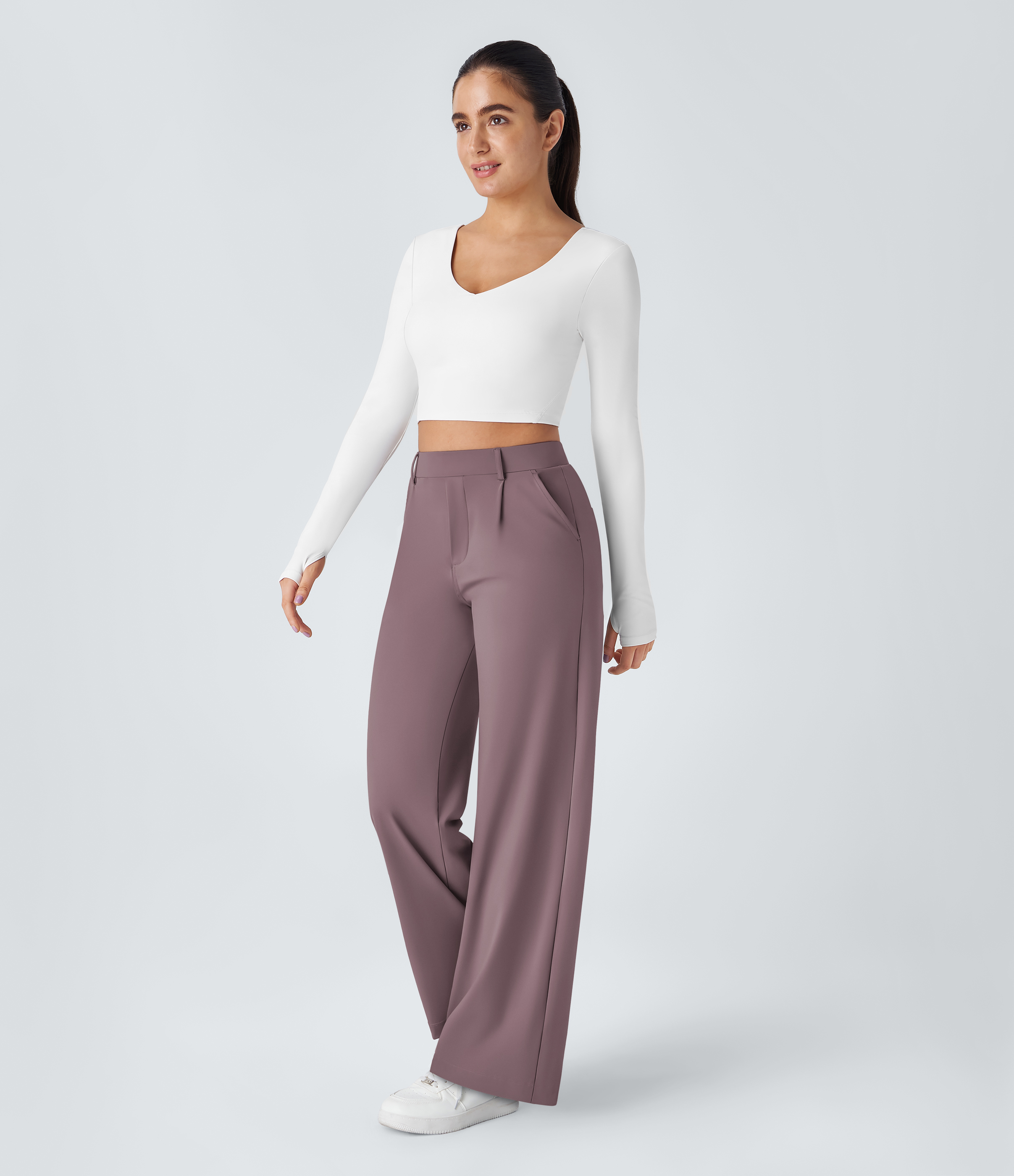 Purple Sandalwood High Waisted Pleated Straight Leg Work Pants with Pockets - 6