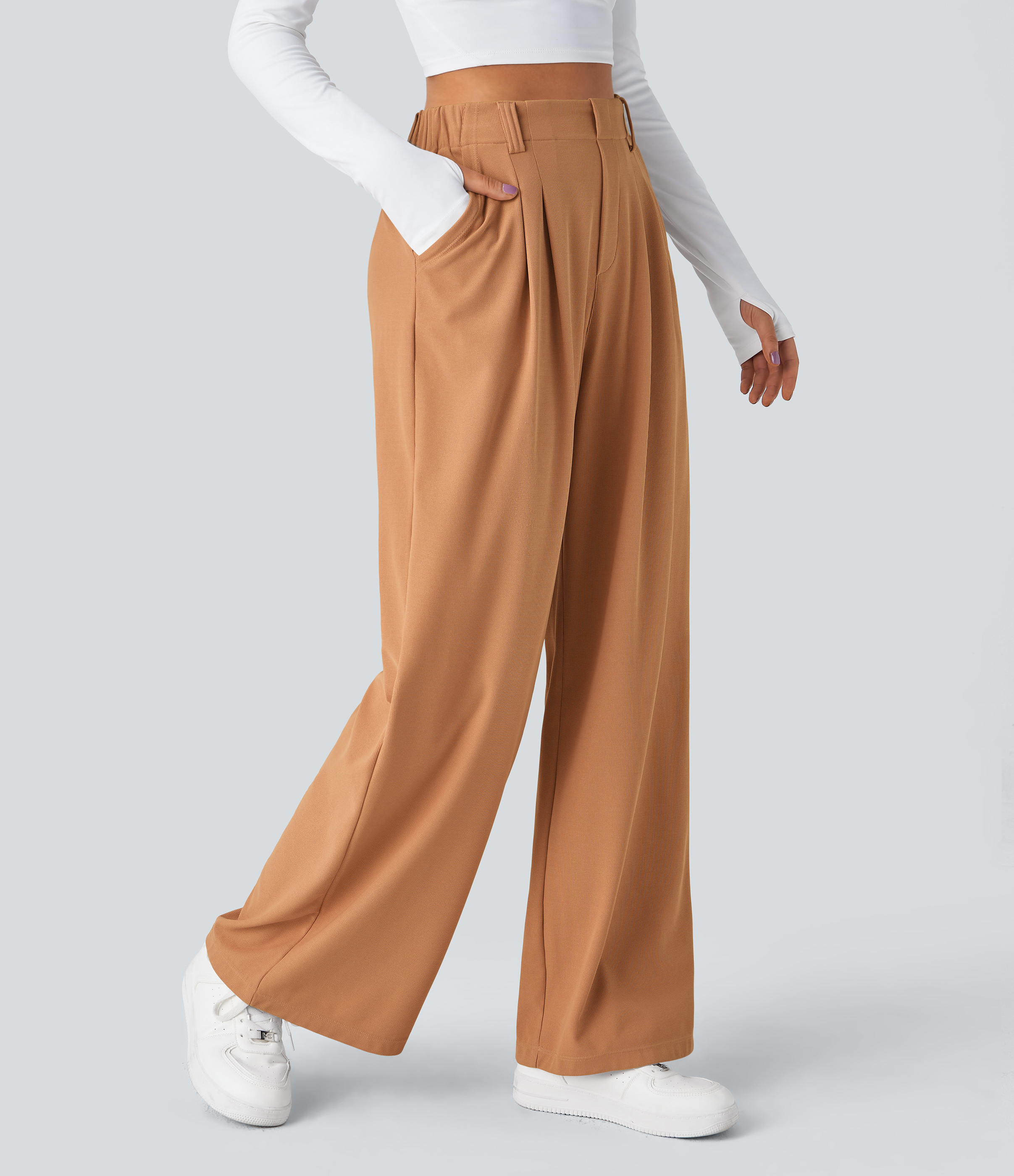 Saturated Orange High-Waisted Pleated Wide-Leg Waffle Work Pants with Pockets - 1