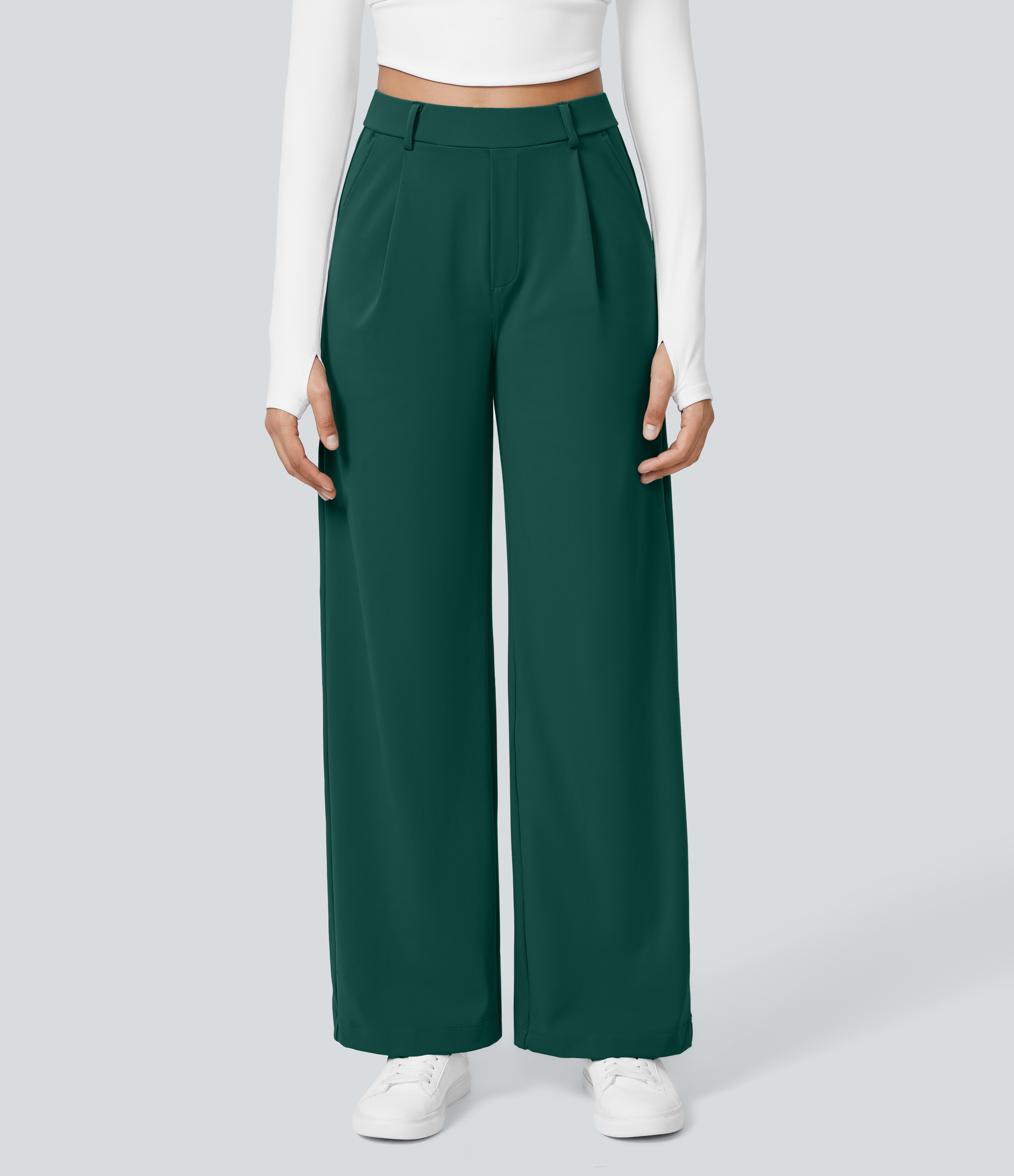 Rain Forest High Waisted Pleated Straight Leg Work Pants with Pockets - 2