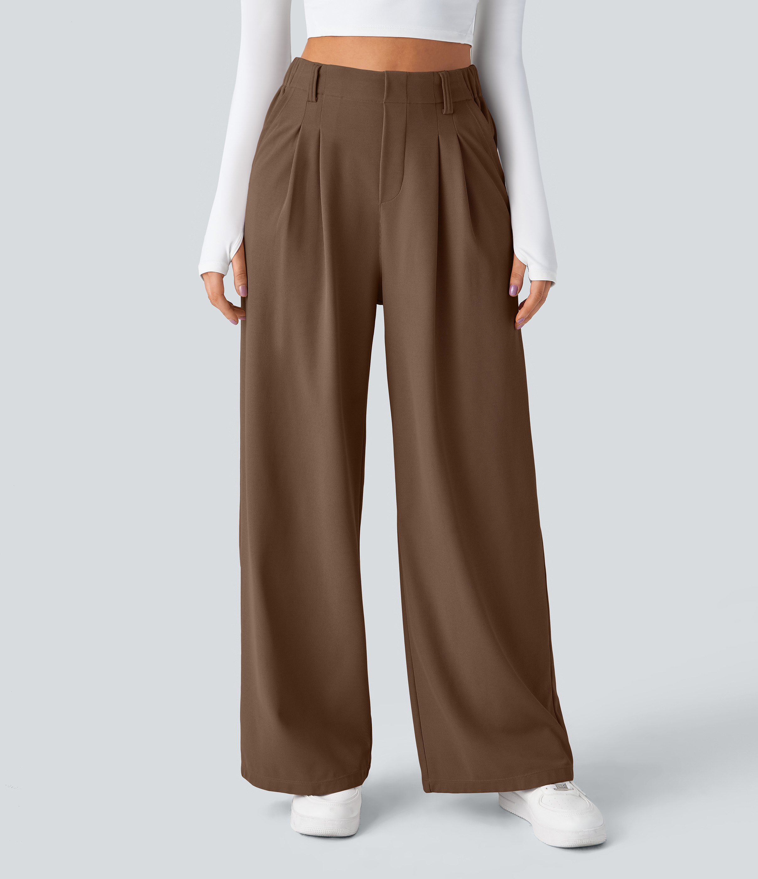 Partridge High-Waisted Pleated Wide-Leg Waffle Work Pants with Pockets - 3