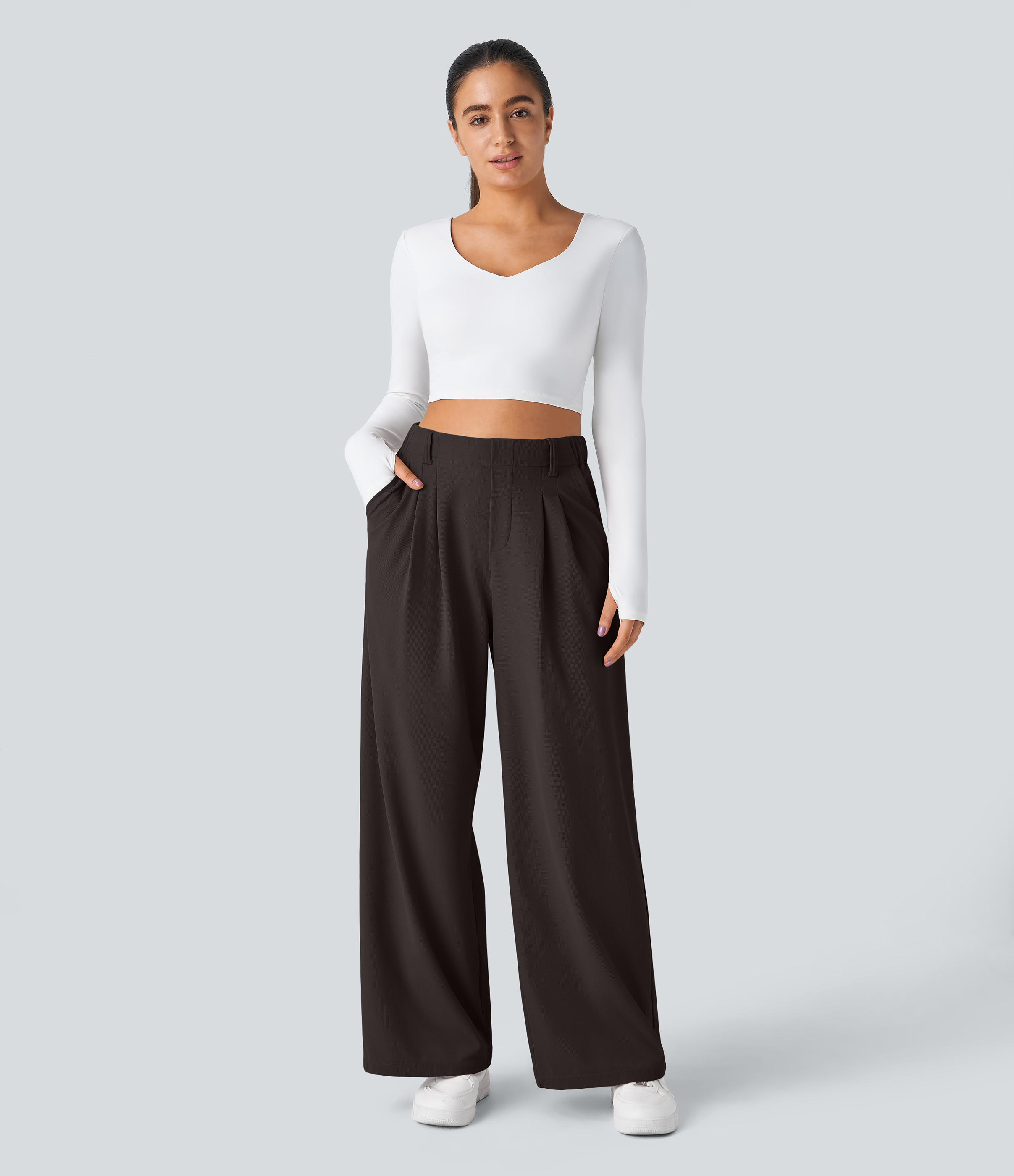 Delicioso High-Waisted Pleated Wide-Leg Waffle Work Pants with Pockets - 5