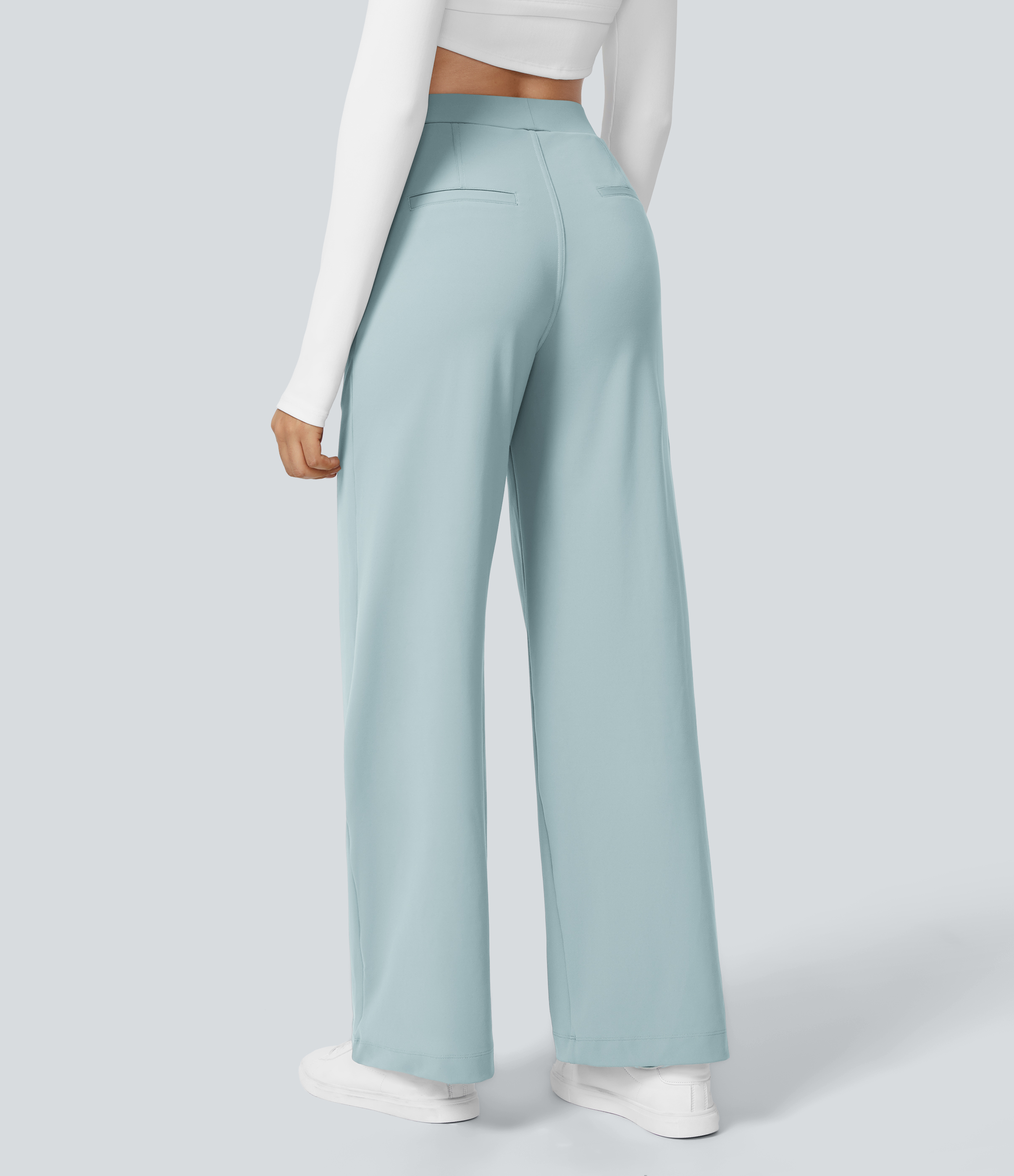 Baby Blue High Waisted Pleated Straight Leg Work Pants with Pockets - 1